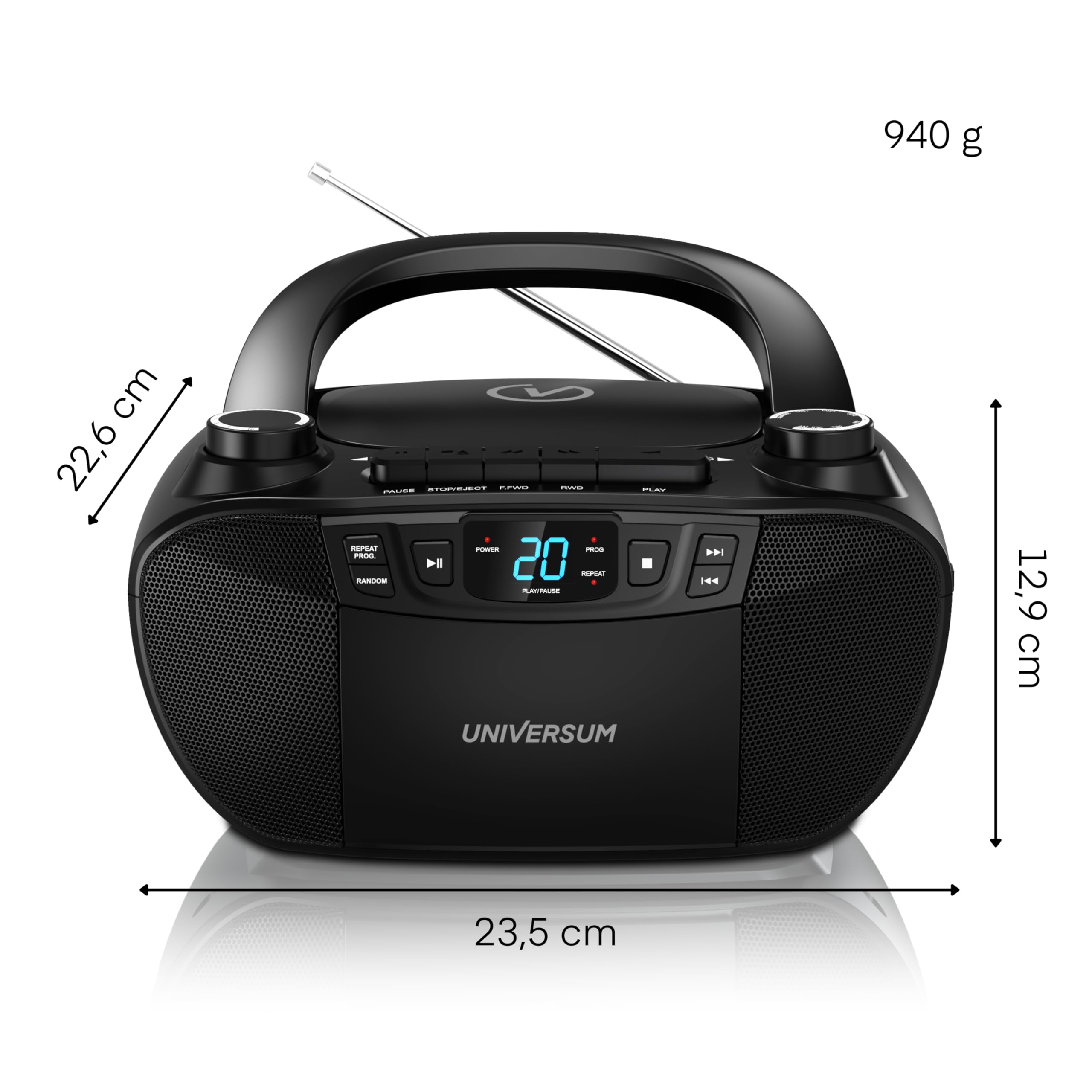 UNIVERSUM BB 200 - tragbarer CD-Player mit Radio und Kassette, Schwarz | Einfache Bedienung für Kinder & Senioren, AUX-IN, UKW Radio, Kopfhöreranschluss, Netz- & Batteriebetrieb