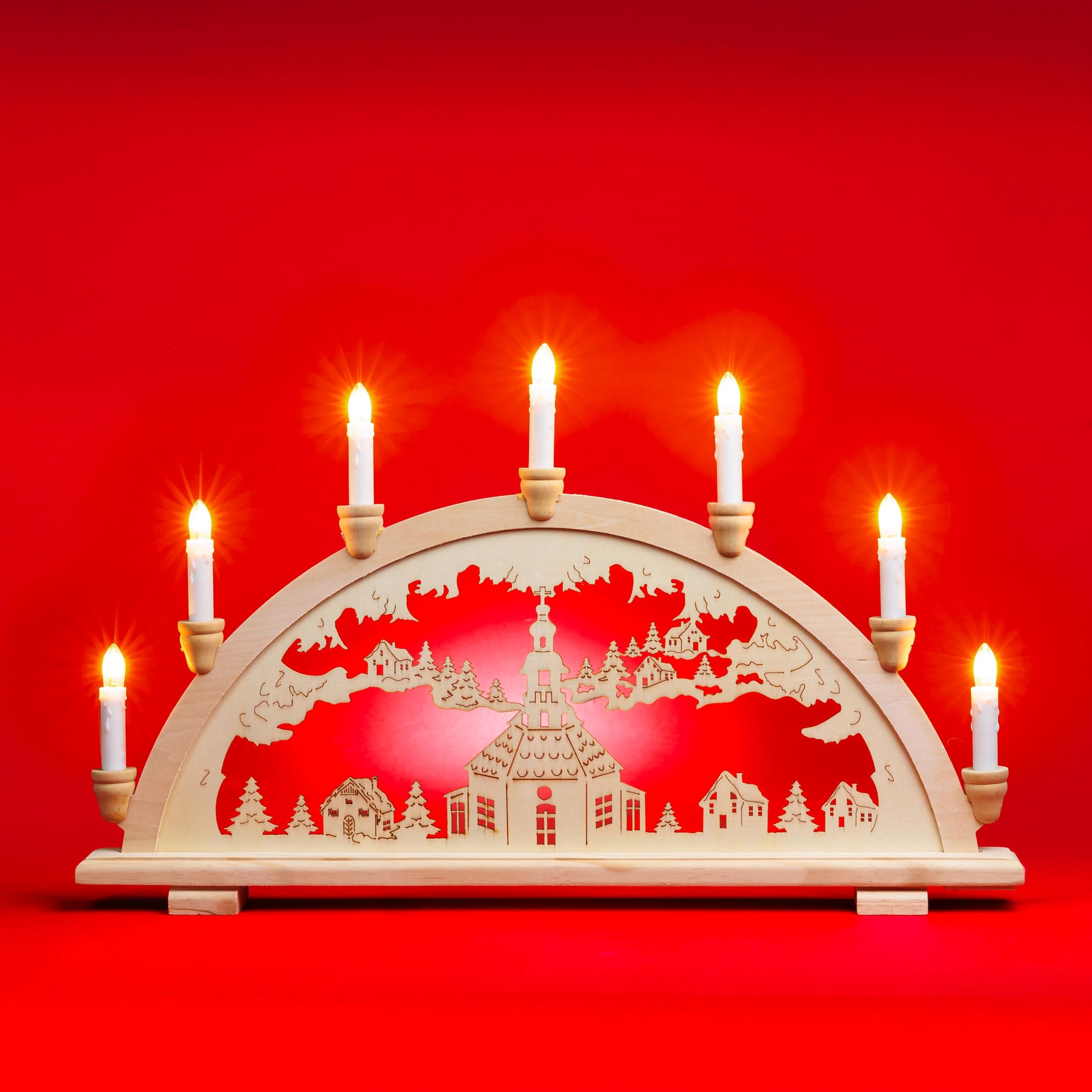 SIKORA LB13-7 klassicher Holz Schwibbogen beleuchteter Lichterbogen Motiv Seiffener Kirche Deko Weihnachten Breite ca. 57 cm