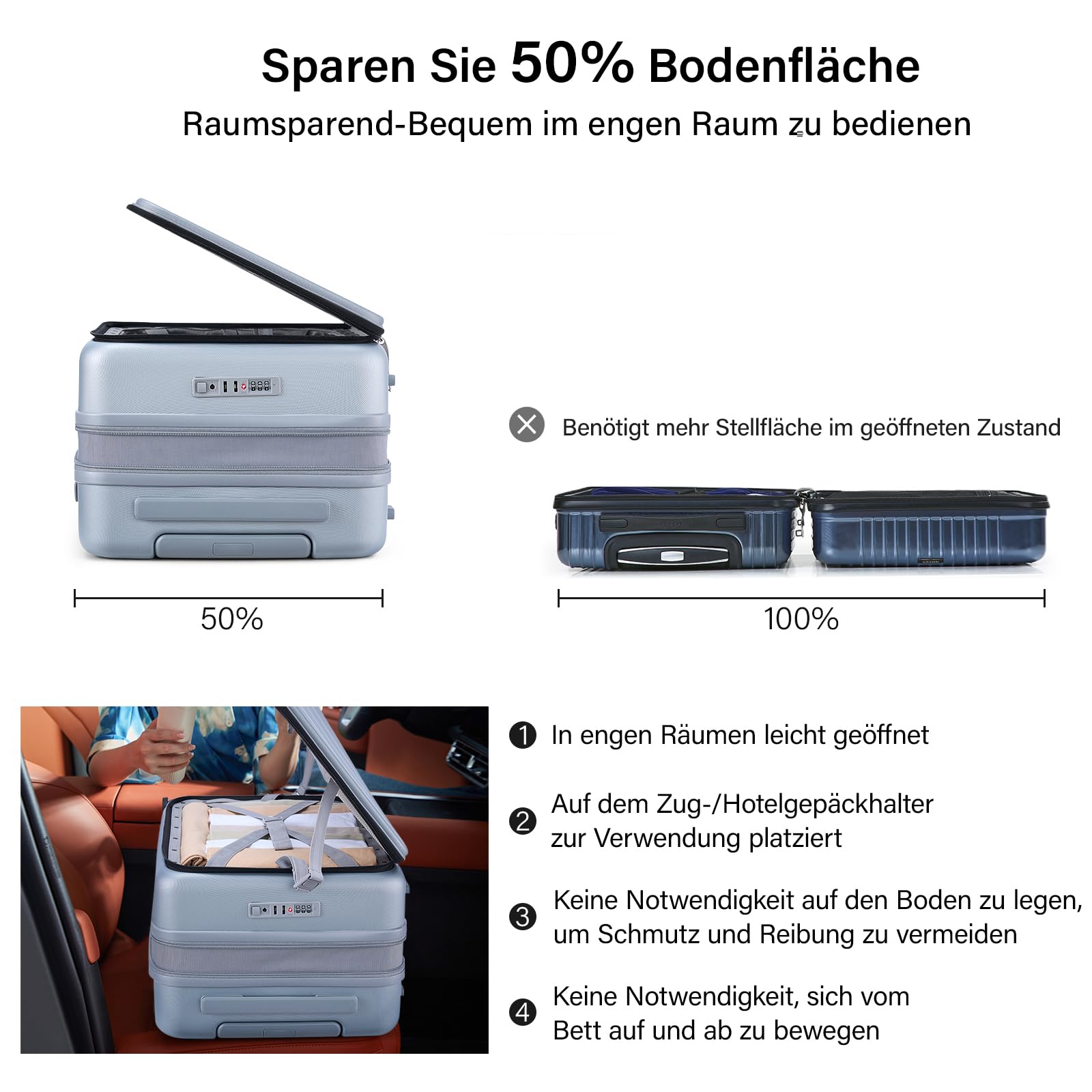 Hanke Erweiterbarer Koffer Handgepäck mit 360°-Spinnerrändern, Frontöffnung PC Hartschalenkoffer mit integriertem TSA-Schloss 49cm(40L), Grau