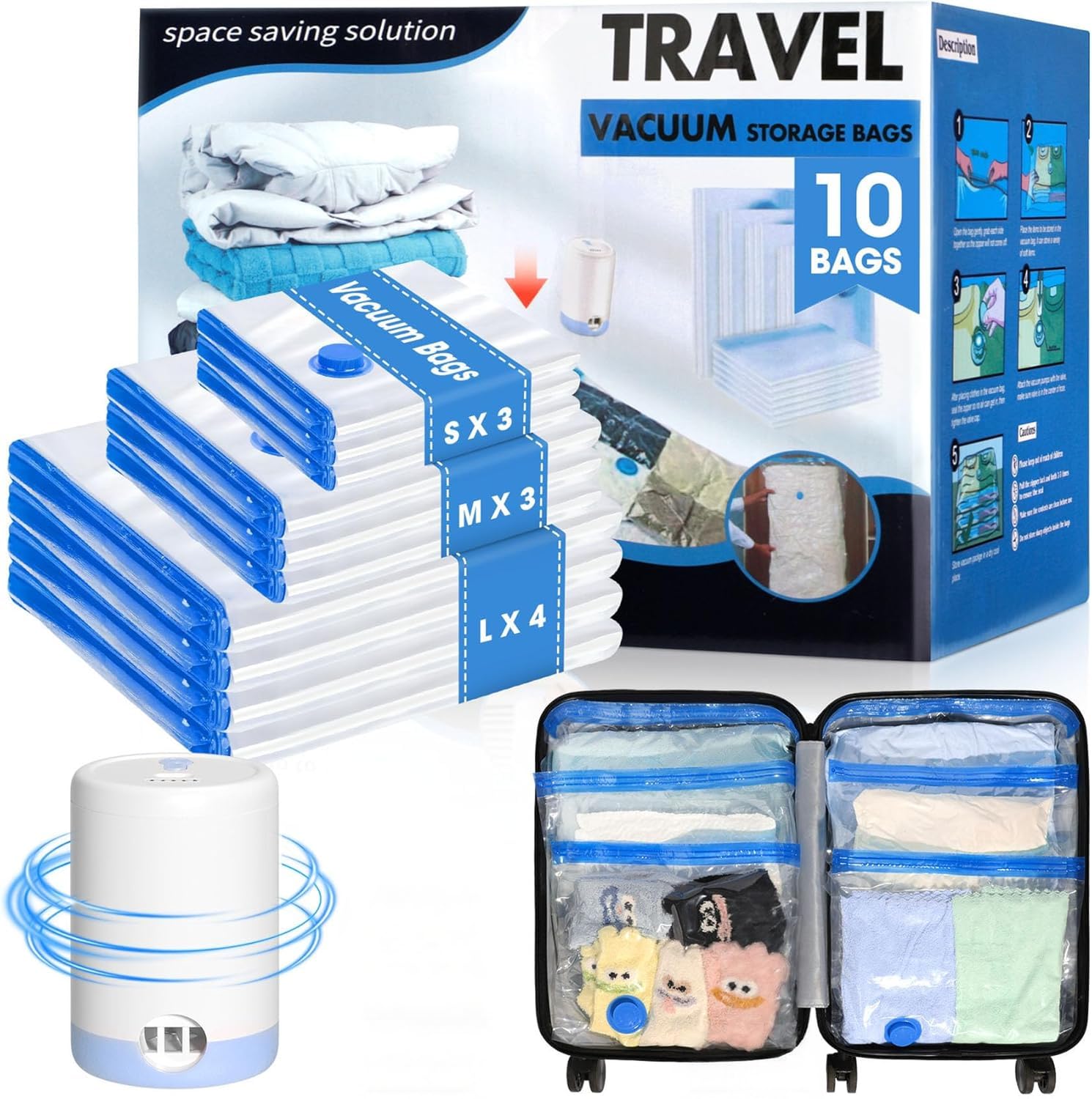 Eunhdet 10 Pack Travel Vacuum Storage Bags with Cordless Electric Pump, Combo Rechargeable Space Saver Vacuum Seal Bags for Clothing Travel Vaccine