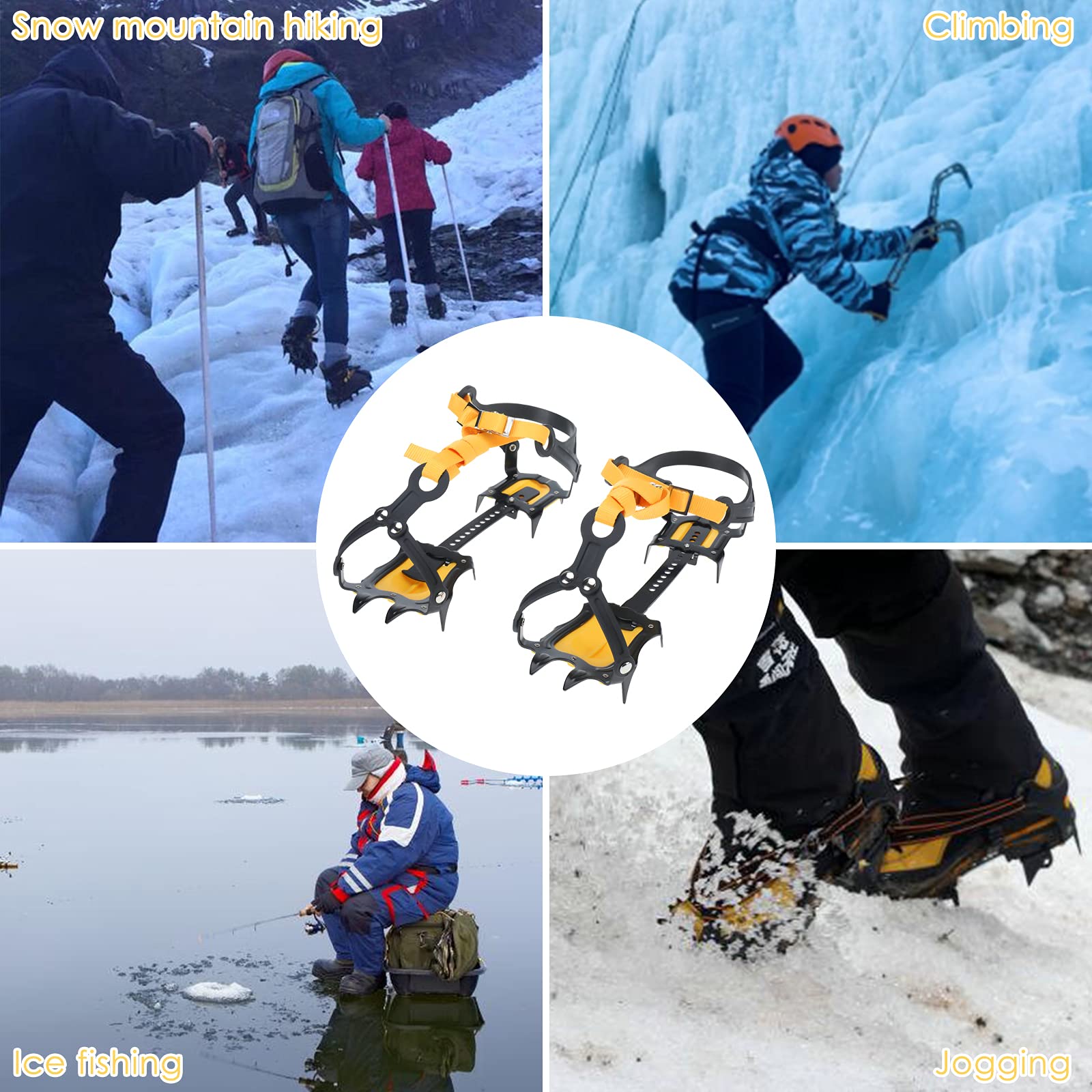 Amarine Made Crampons à glace antidérapants pour homme et femme, 10 dents en acier inoxydable, crampons de traction pour randonnée, escalade, pêche, jogging
