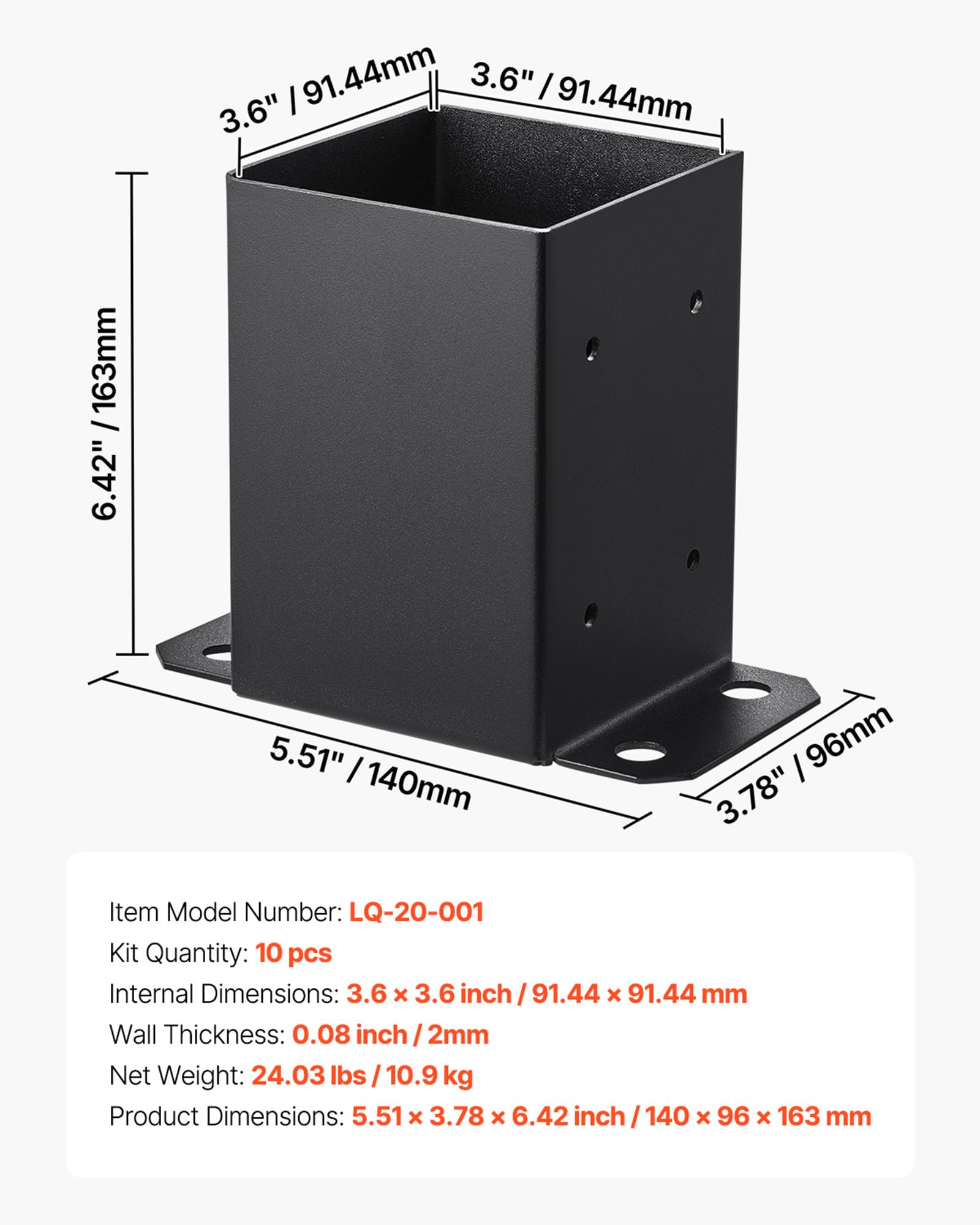 VEVOR Base per Pali, 10 Pezzi, Dimensioni Interne 91,44x91,44 mm, Staffe per Pali in Acciaio al Carbonio, Staffe in Legno per Supporto per Ringhiere di Pontili, Piastra di Base per Ponti, Nero