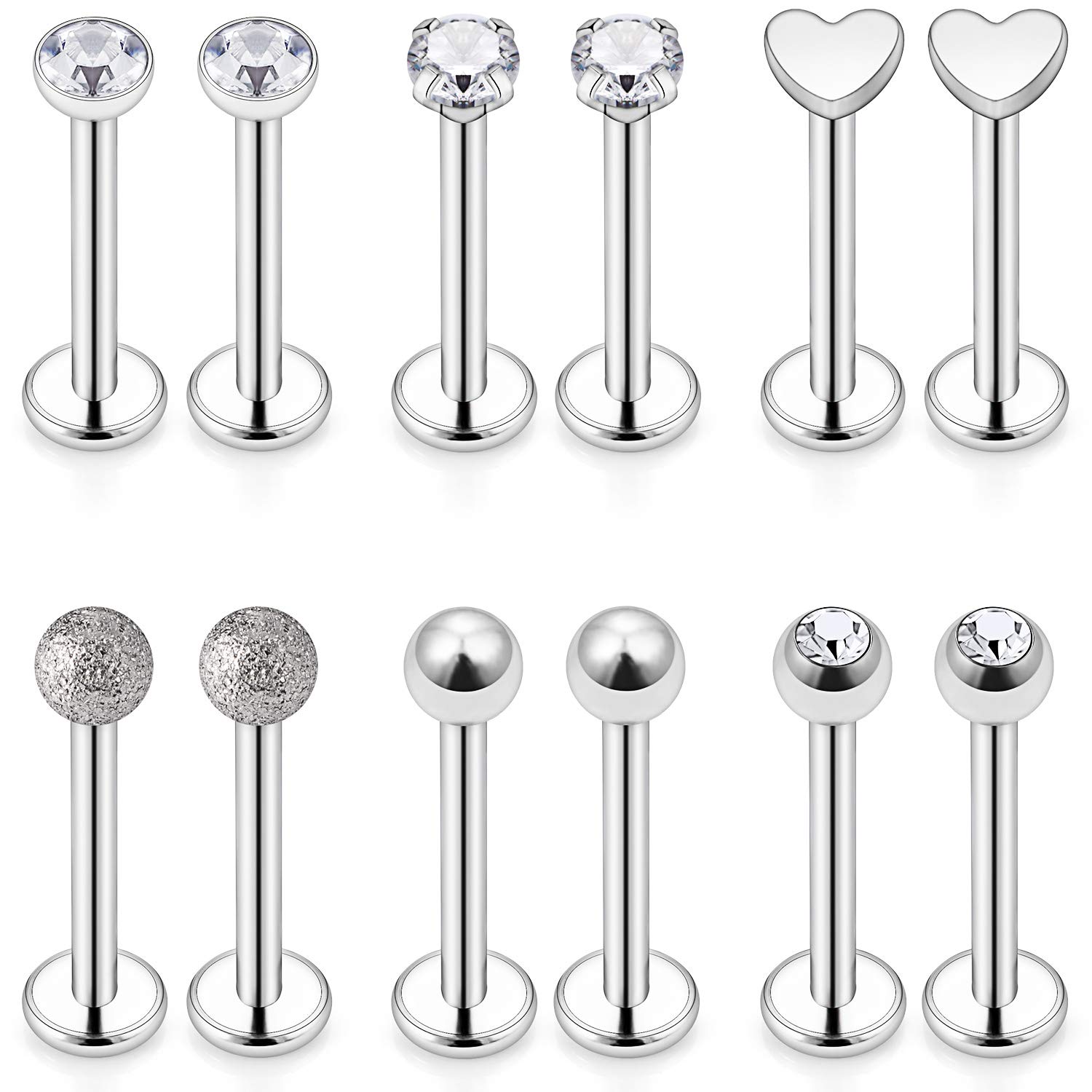 Lcolyoli16G Tragus Studs Clear Diamond CZ Surgical Steel Cartilage Nail Forward Helix Earring Barbell Piercing Jewelry for Women Men 12 Pieces 6mm