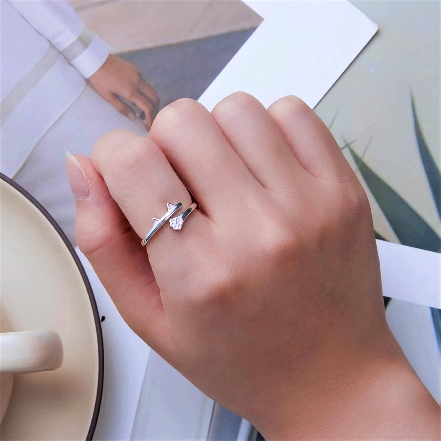 Adjustable Cat Ring Paw Print Open Rings Drip Painting Jewellery for Women, 925 Sterling Silver Pink Animal Motif Ring for Anniversary, Birthday, Valentine’s Day - Image 4