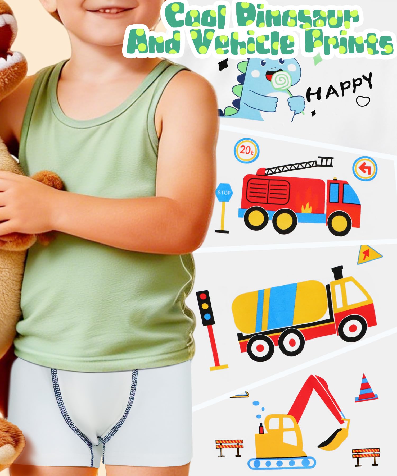 Boxer Enfant Garcon Coton Doux Calecon Enfant Garçons, Confortable Respirant Boxers Garçon, Dinosaure Motif Caleçon Garçon, Boxer Garcon Tout-Petits Enfants Lot de 8 pour de 2 à 9 Ans