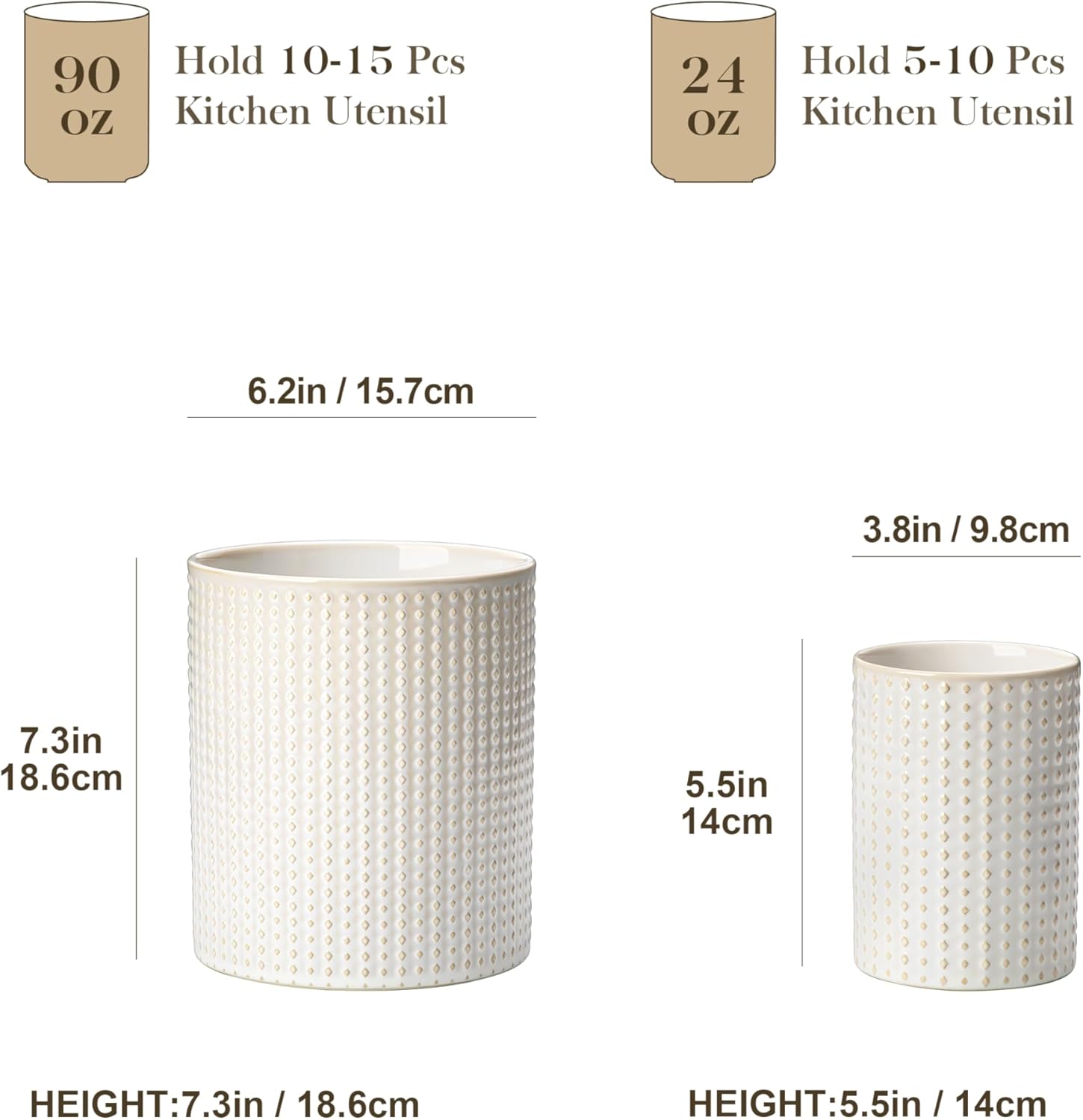 MALACASA LYDIA Ceramic Utensil Holders, 7.3"+5.5" Kitchen Utensil Crock Set for Countertop, French Onion Soup Bowls with Handles