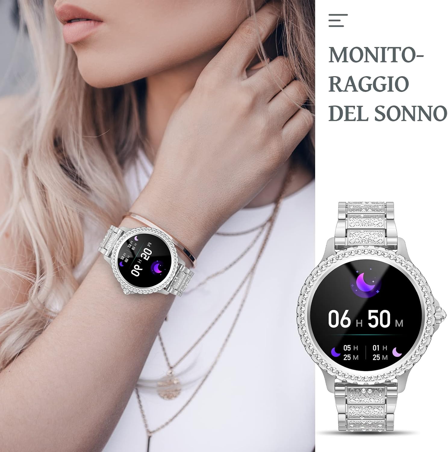 Smartwatch Donna Chiamate, Design Diamante, 3 Cinturini, AMOLED 1.32 Smart Watch, Fisiologia Femminile Cardiofrequenzimetro SpO2 Monitor Sonno Notifiche Assistente Vocale, Impermeabile IP68, Argento Smartwatch Donna Chiamate, Design Diamante, 3 Cinturini, AMOLED 1.32 Smart Watch, Fisiologia Femminile Cardiofrequenzimetro SpO2 Monitor Sonno Notifiche Assistente Vocale, Impermeabile IP68, Argento