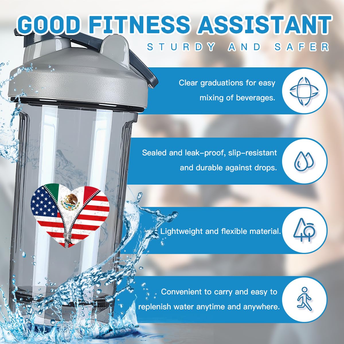 Heart America Flag and Mexico Flag 18 Ounce Shaker Cup,Fashion Theme Pattern Shaker Bottle Leak-proof Workout Shake Bottles 500ML/18 oz Perfect for Pre Workout