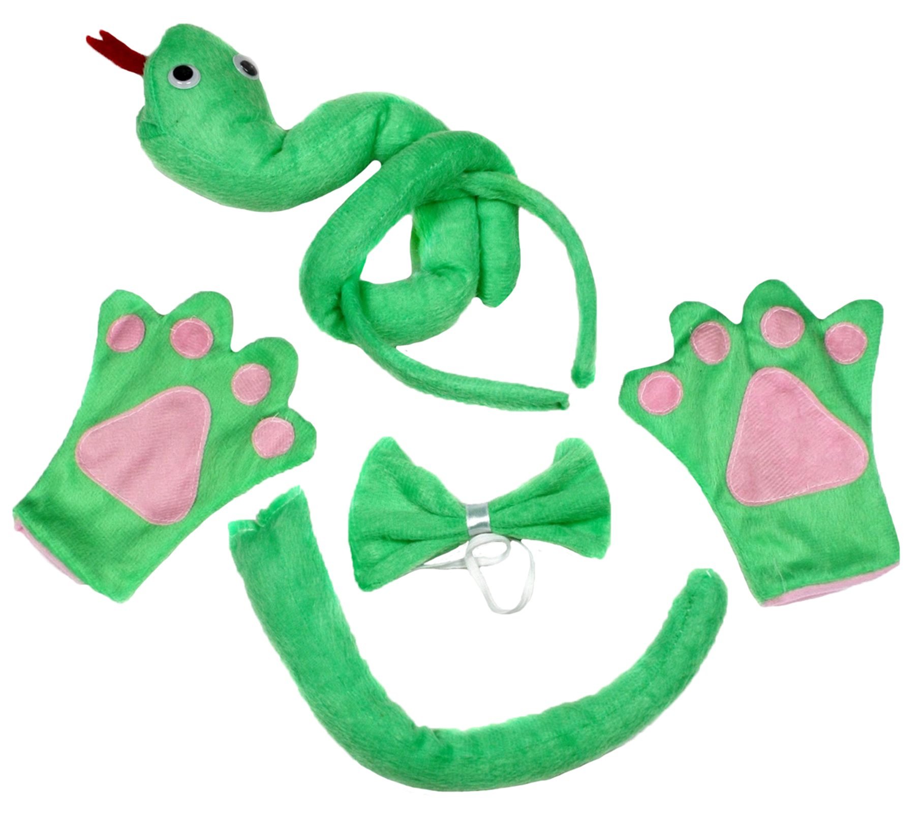Petitebelle Unisex Green Snake Headband Bowtie Tail Gloves 4Pc Adult Costume (One Size)