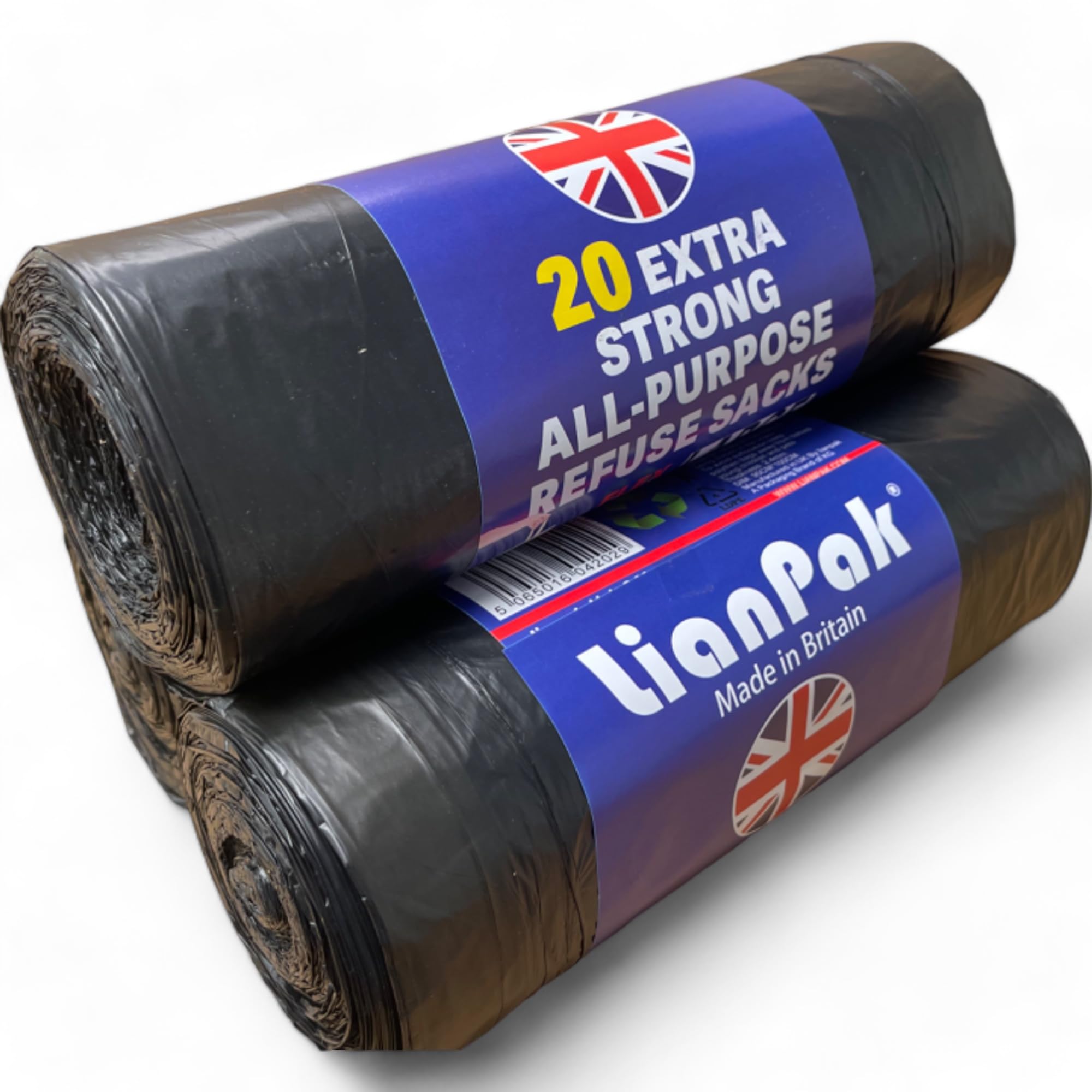 40pcs Lianpak Heavy Duty Extra Strong, Drawstring, 120L All-Purpose Large Refuse Sacks, Bin Bags, Bin Liners, Recycled, Tear Resistant, Every Day, Household, Kitchen, Commercial,20 Bags/Roll, 2 Rolls