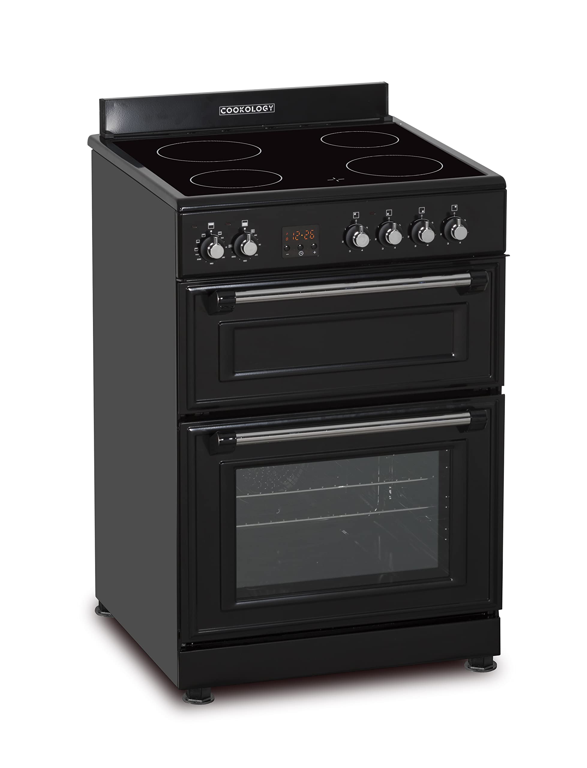 Cookology RETDO600BK Freestanding 60cm Wide, Retro Double Cavity Grill Oven Cooker with Ceramic 4 Zone Hob and Analogue Dials - in Black — view 7