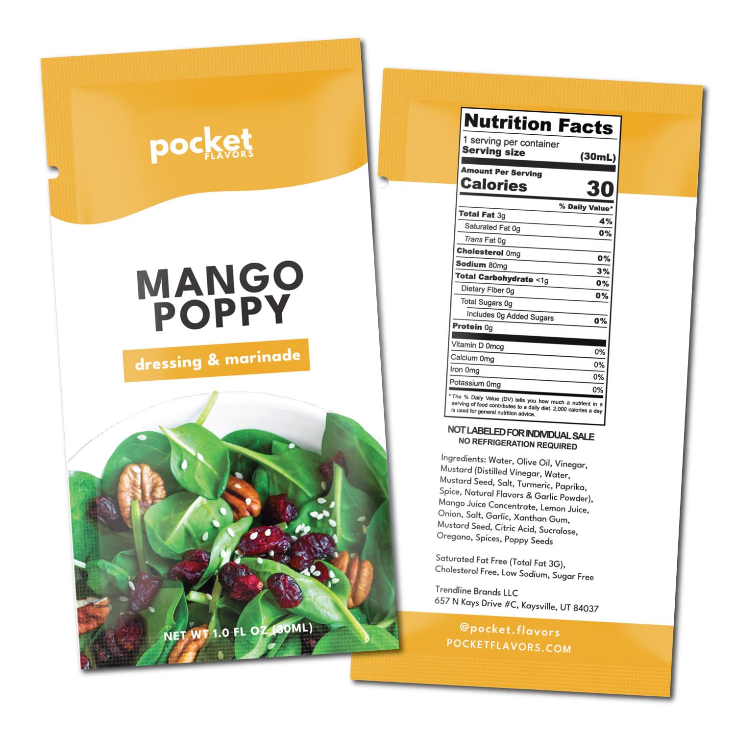 Pocket Flavors Salad Dressing - Ready to Serve Low-Calorie Dressing in Individual Single Serve Pouches, 1 oz each - Mango Poppy, 32 Count