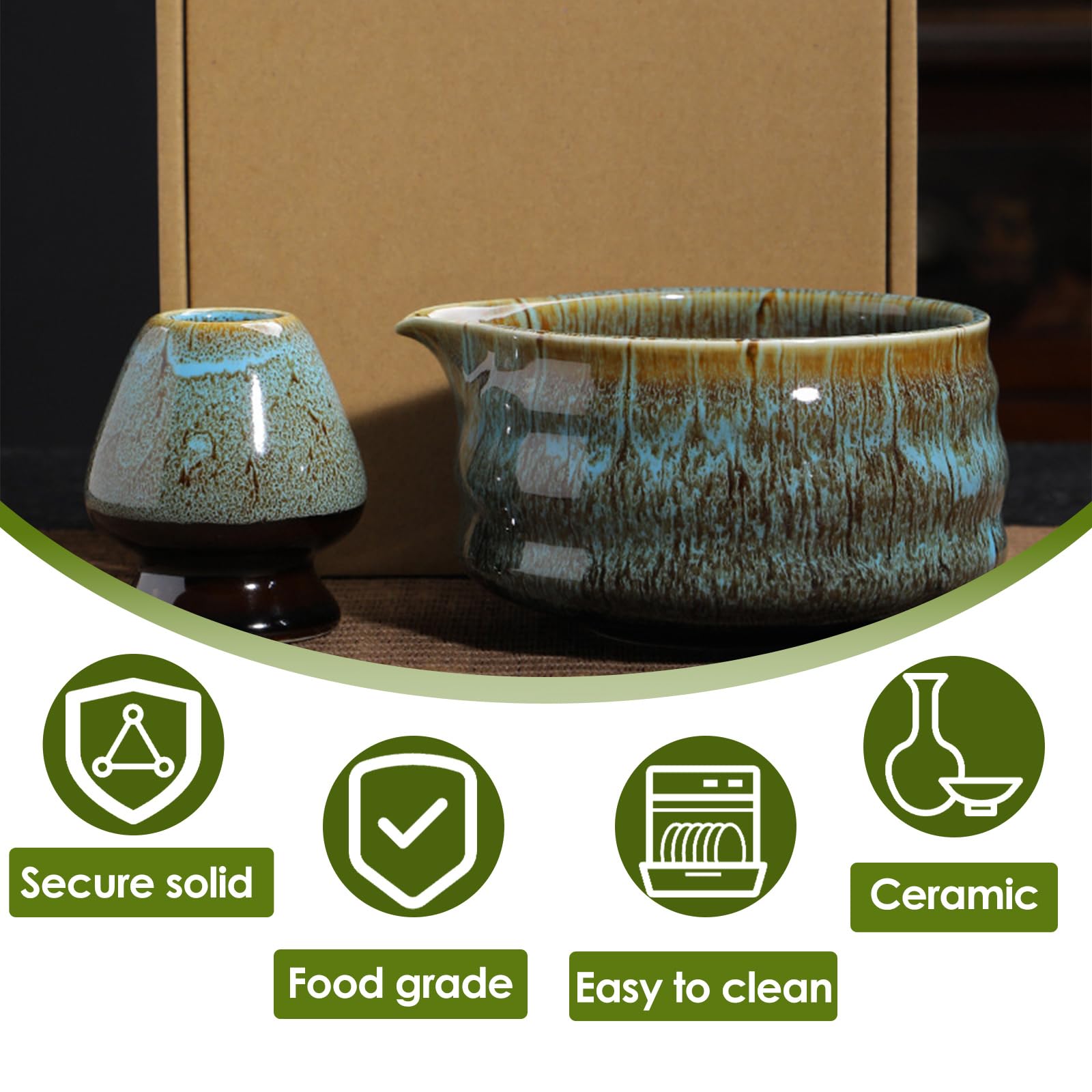 Lot de 5 accessoires à matcha avec pelle, mélangeur et support, bol à matcha en céramique, pour la préparation du matcha, bleu