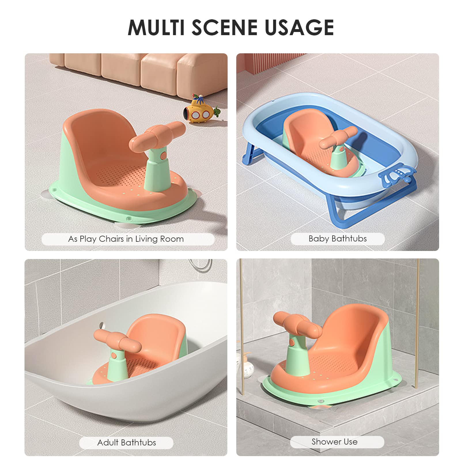 SONARIN Asiento Bañera Bebe,Antideslizante Seguro Asiento de Baño Sillón de Baño Silla Bañera Bebe Sillón de Ducha con Respaldo & 4 Ventosas para Bebe de 6 a 18 Meses(Naranja)
