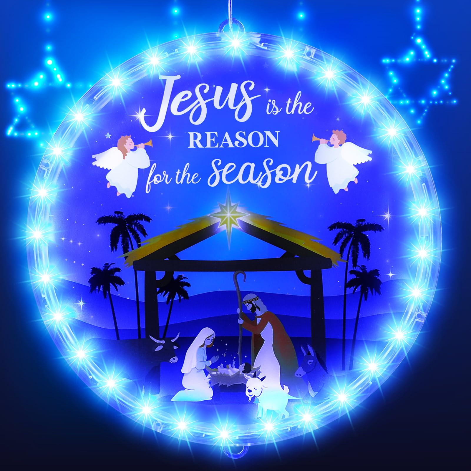 Christmas Lights 9.45 Inch Nativity Scene Hanging Lights Christmas Decoration Indoor Jesus Window Decor Light Christian Religious Sign for Door Holiday Christmas Holy Night Party (Stylish)