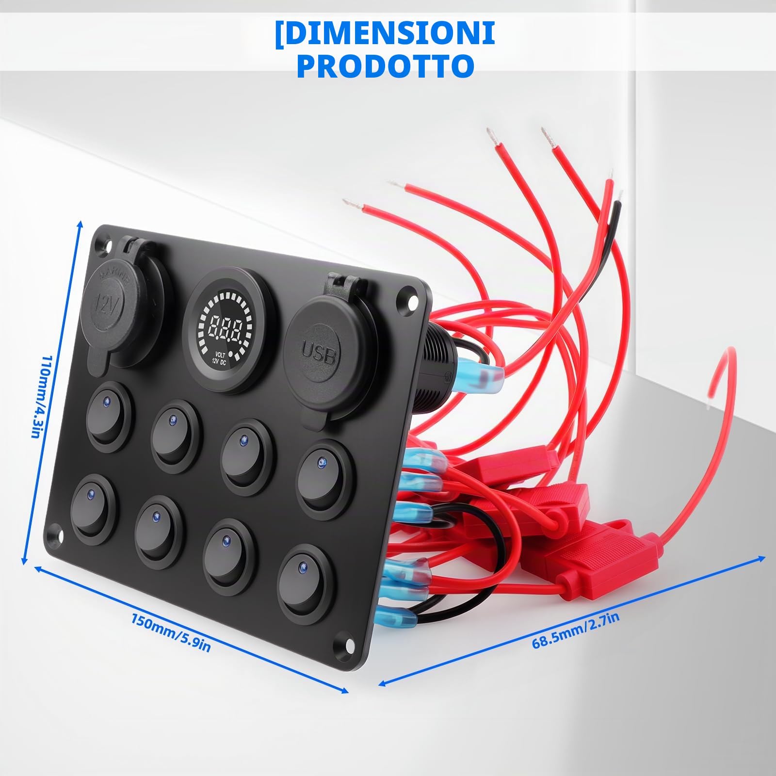 Geloo Pannello Interruttori a Bilanciere 12V/24V Impermeabile Levetta 8 Interruttore con Voltmetro Digitale Accendisigari Doppio Caricatore USB da 4,2 A per Barca, Auto, RV, Camper
