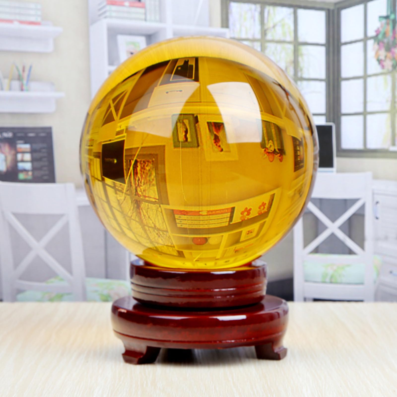 Esfera de Cristal Transparente con Soporte, Bola de Cristal Amarilla de Adivinación de Meditación, Estatuilla de Cristal para Fotografía, Adivinación, Decoración del Hogar,6cm/2.4in