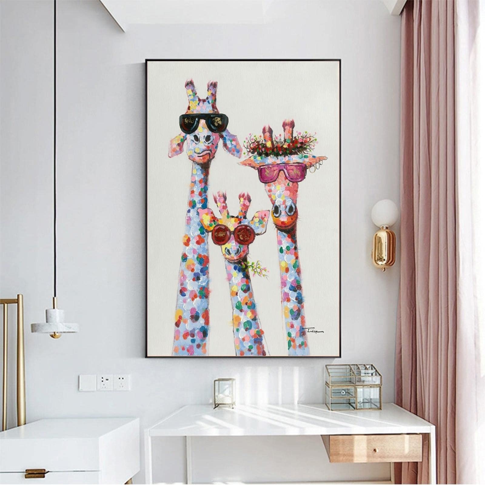 Guying Art Frameless Funny Cartoon Giraffes Posters Print Canvas Art Pictures Giraffe Wearing Sunglasses Paintings For Children's Room Decor 60X80cm