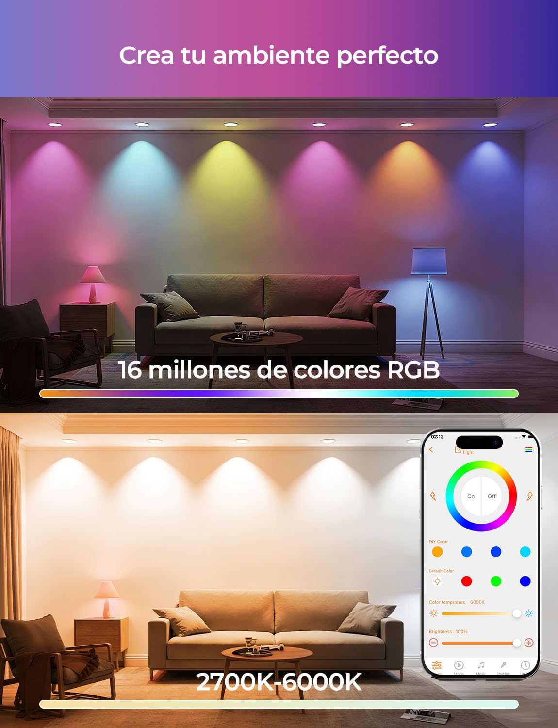 HEKEE Foco Empotrable LED Para Techo RGB, Ф68-85mm Colores Foco Empotrable LED, Cambio De Color CCT+ RGBW Aplicación Controlada Downlight (6 Unidades)