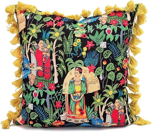 Frida's - Funda de cojín para jardín, color negro, con ribete de borlas de flecos mostaza, cuadrada de 16 x 16 pulgadas, 18 x 18 pulgadas, 20 x 20