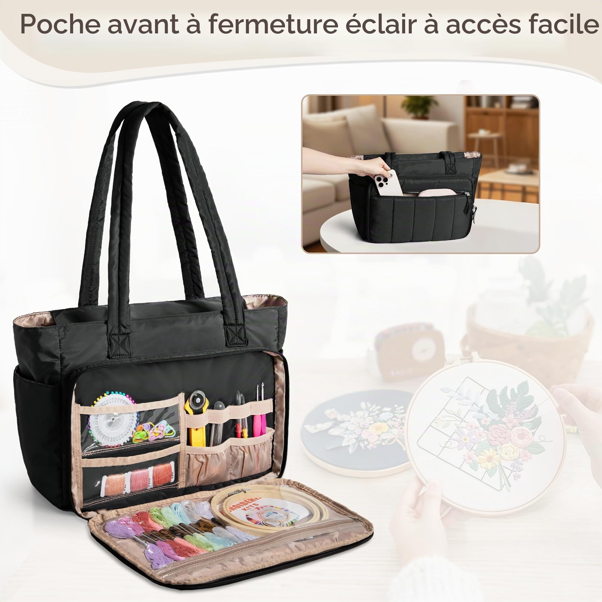 Luxja Sac de Broderie avec Plusieurs Poches, Grand Sac de Projet de Broderie pour Kits de Point de Croix, Noir