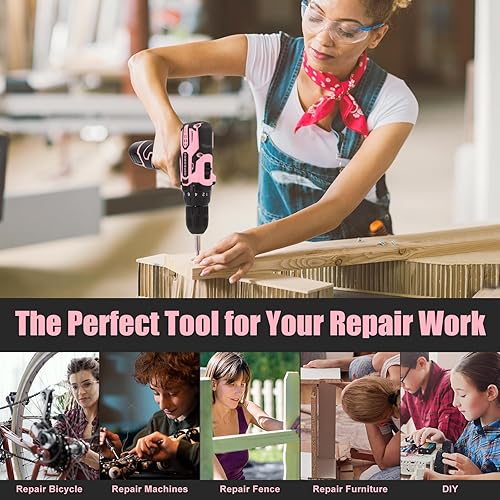 Miniatura 5 de COMOWARE Juego de taladro inalámbrico rosa para mujer, destornillador eléctrico ligero de 12 V con portabrocas sin llave de 38 pulgadas, batería de