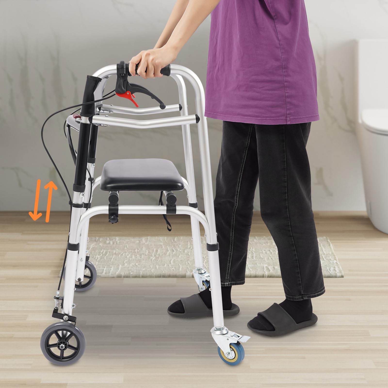 Height Adjustable Walkers for Seniors, Folding Walker with Detachable Seat, Stand Up Walker with Lockable Wheels, Medical Walking Mobility Aid, 440lbs Rolling Walker for Adult
