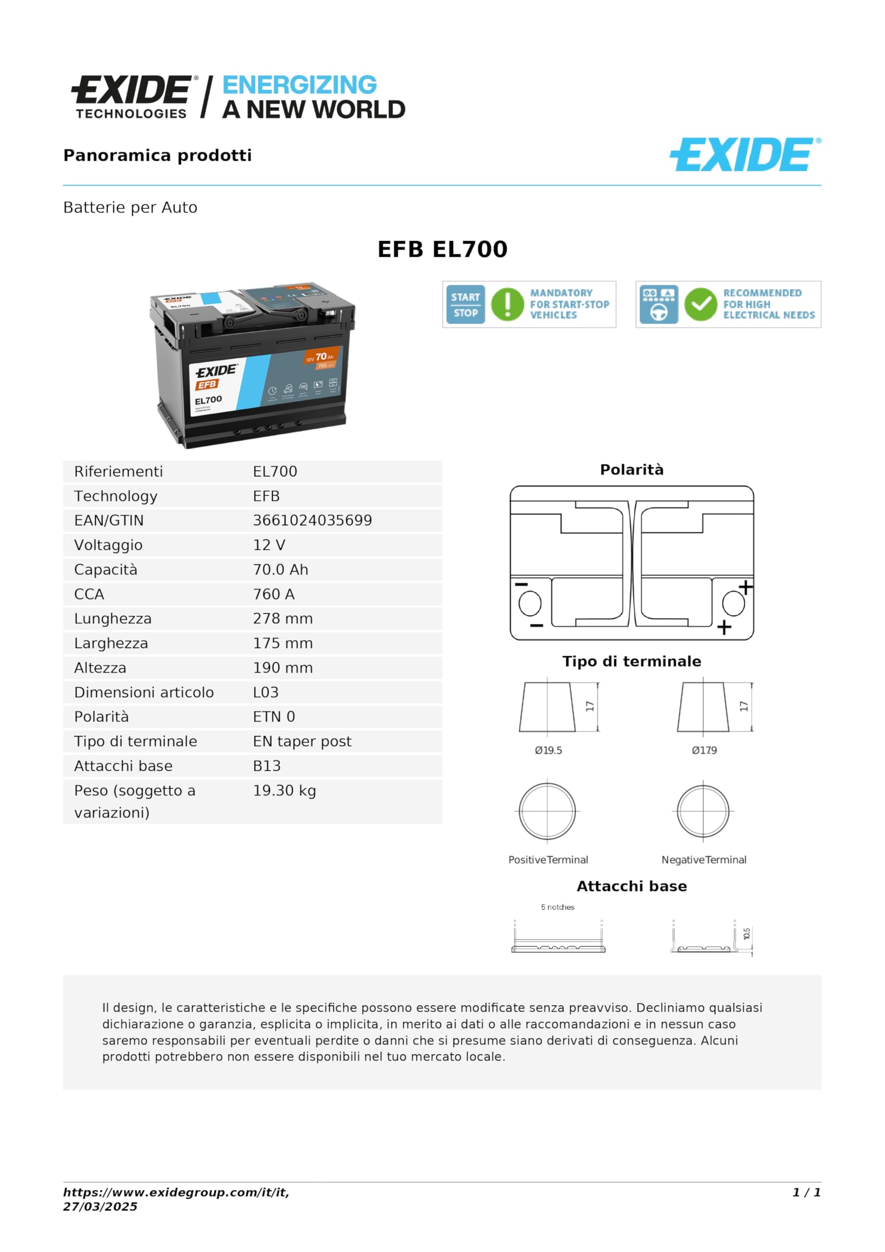 Batteria 2025 Exide EL700 70Ah 760A 12V Start-Stop EFB L3 = ROFIBA 70760