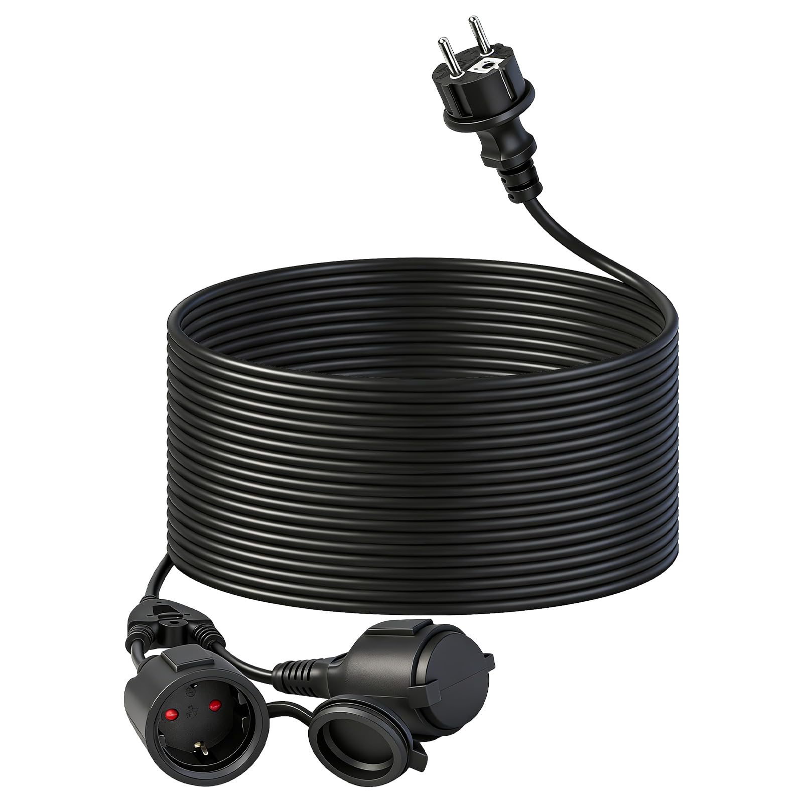 Cavo di prolunga con prese Schuko 20 m, 16 A, 250 V, per esterni, IP44, impermeabile, doppio connettore esterno per giardino, ufficio e casa