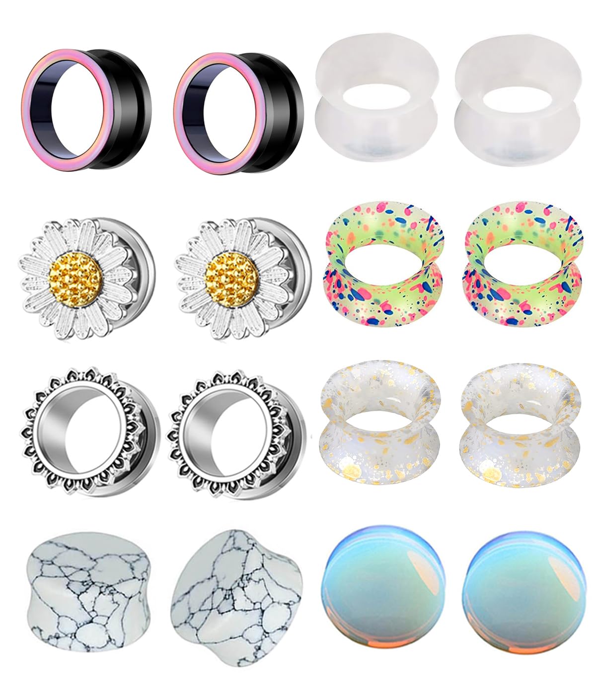 8 Pairs Stainless Steel Ear Tunnels and Plugs Flesh Expander Earring Gauges Silicone Glass Piercing Strecher Set for Women Men 2G-5/8 G