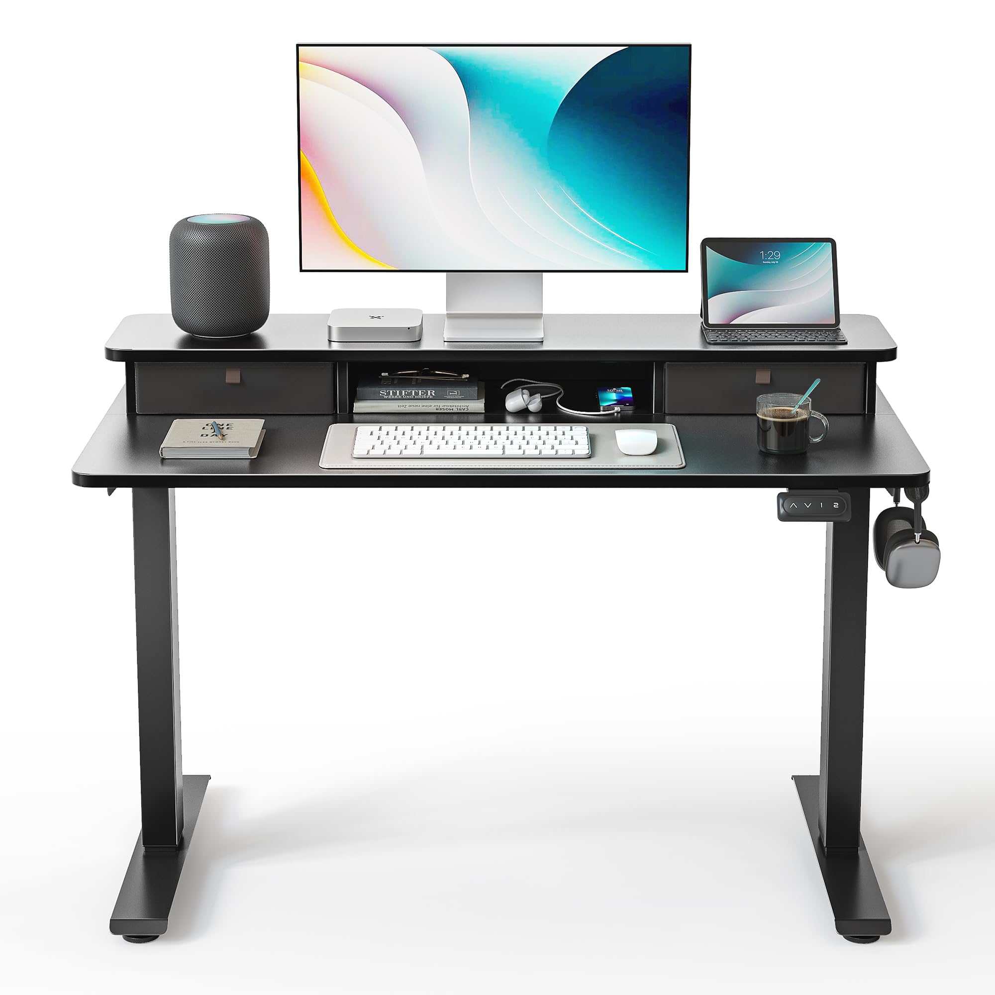 FEZIBO 40 x 24 Inch Height Adjustable Electric Standing Desk with Double Drawer, Computer Desk, Home Office Stand Up Table with 4 Height-Adjustable Feets & 2 Hooks, Black