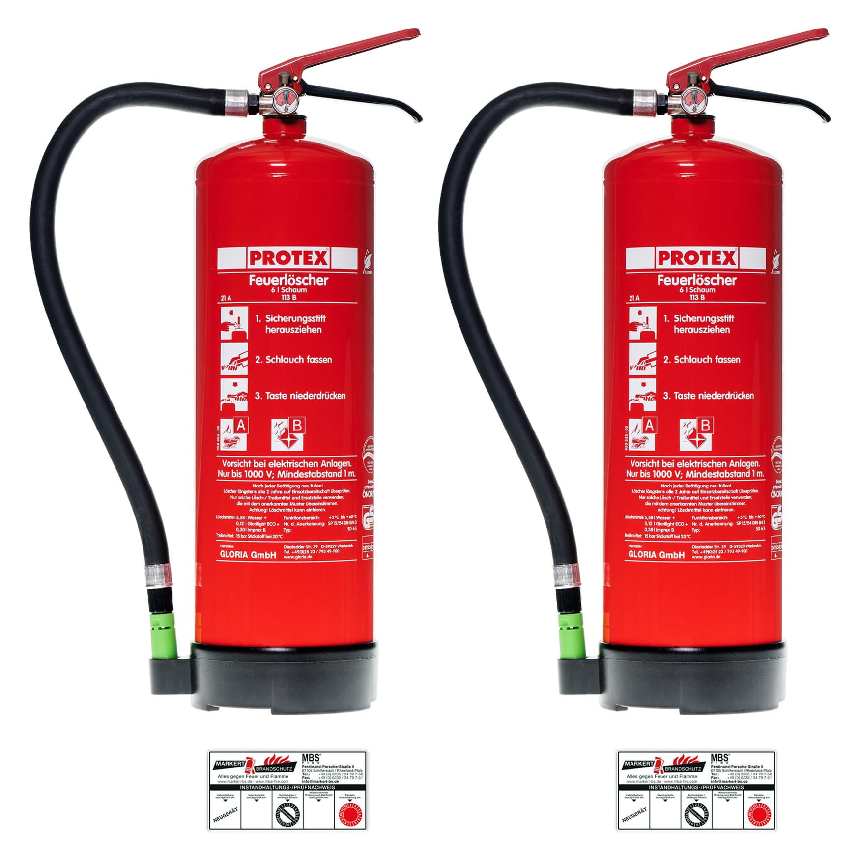 Protex – 2X Schaum-Feuerlöscher SD6 E – 6 Liter – fluorfrei – für die Brandklassen A und B – nach DIN EN 3 – 11 kg – mit praktischer Halterung – mit Prüfplakette – Made in EU