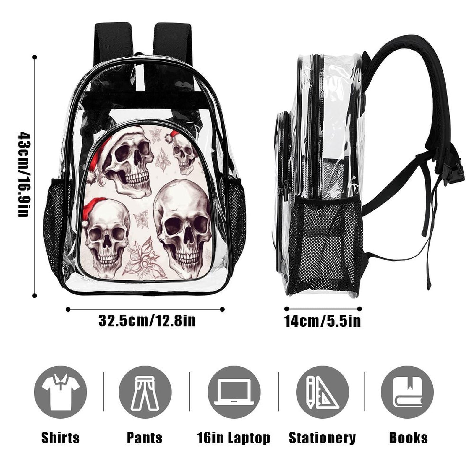 Sketchy Skulls - Zaino trasparente grande, in PVC trasparente, per la sicurezza, il lavoro, i viaggi, lo stadio