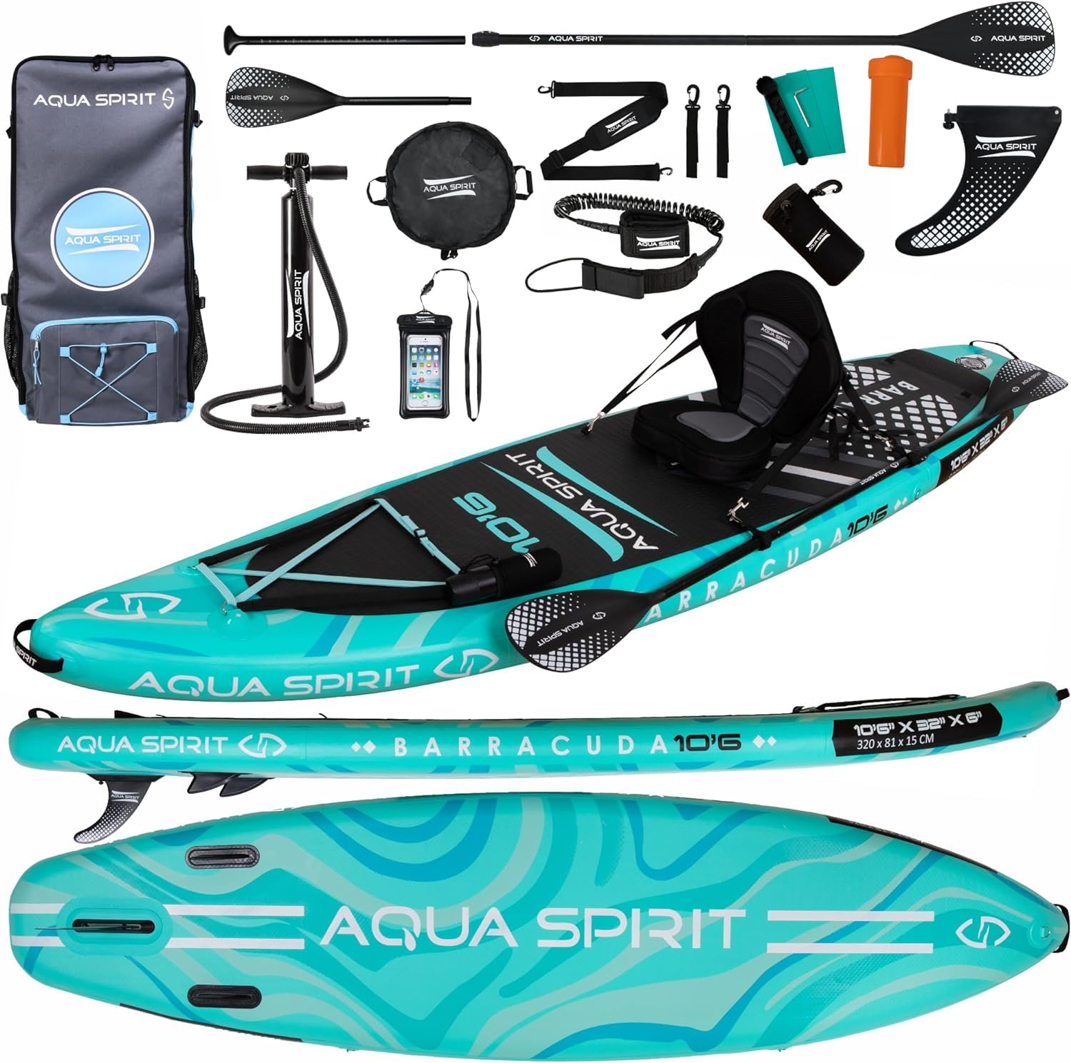 Aqua Spirit SUP Aufblasbares Stand-Up Paddle Board 2024 | 320x81x15cm | Kompletter Kajak-Umbausatz mit Paddel, Rucksack, Pumpe und weiterem Zubehör | Erwachsene Anfänger/Experten | 2 Jahre Garantie
