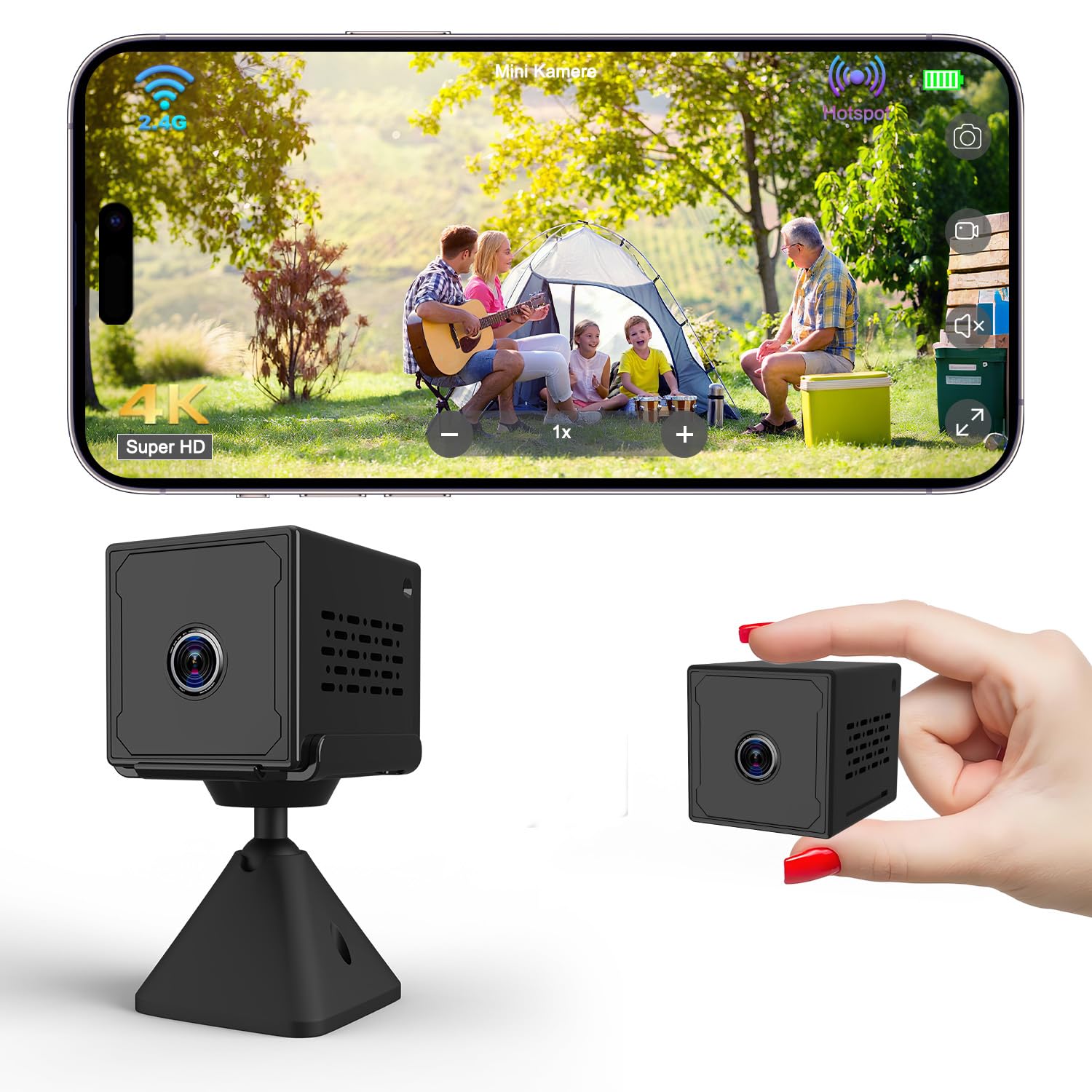 Mini Kamera, 4K UHD Überwachungskamera Innen, 3 modi: WLAN, AP Hotspot & Überwachungskamera Ohne WLAN, 2000mAh Akku, Lange Laufzeit, Nachtsicht&Bewegungserkennung, Mini Kamera für Innen Außenbereich