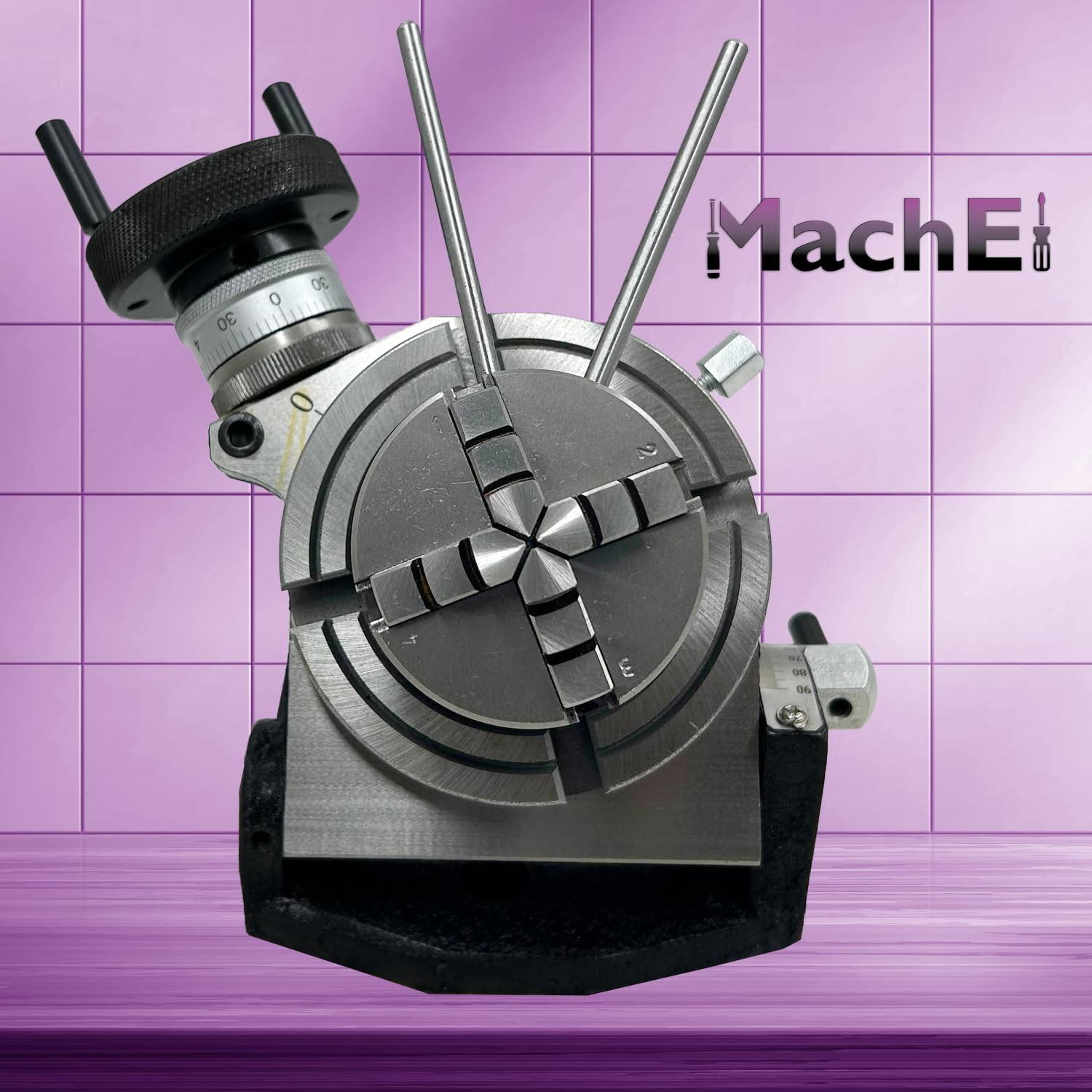 MachEl Precyzyjny stół obrotowy 4"/100 mm z 4-szczękowym samocentrującym uchwytem 65 mm, płytą tylną i zestawem do mocowania nakrętki T - idealny do obróbki metali i narzędzi inżynieryjnych