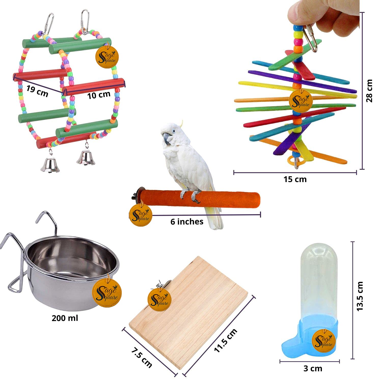 Sage Square Wooden Bird Toys Combo | Bird Feeder, Platform, Sand Perch, Wheel, Hanging Cage Accessory | for Budgie, Parrot, Cockatiel, Parakeet, Conure, Macaw etc