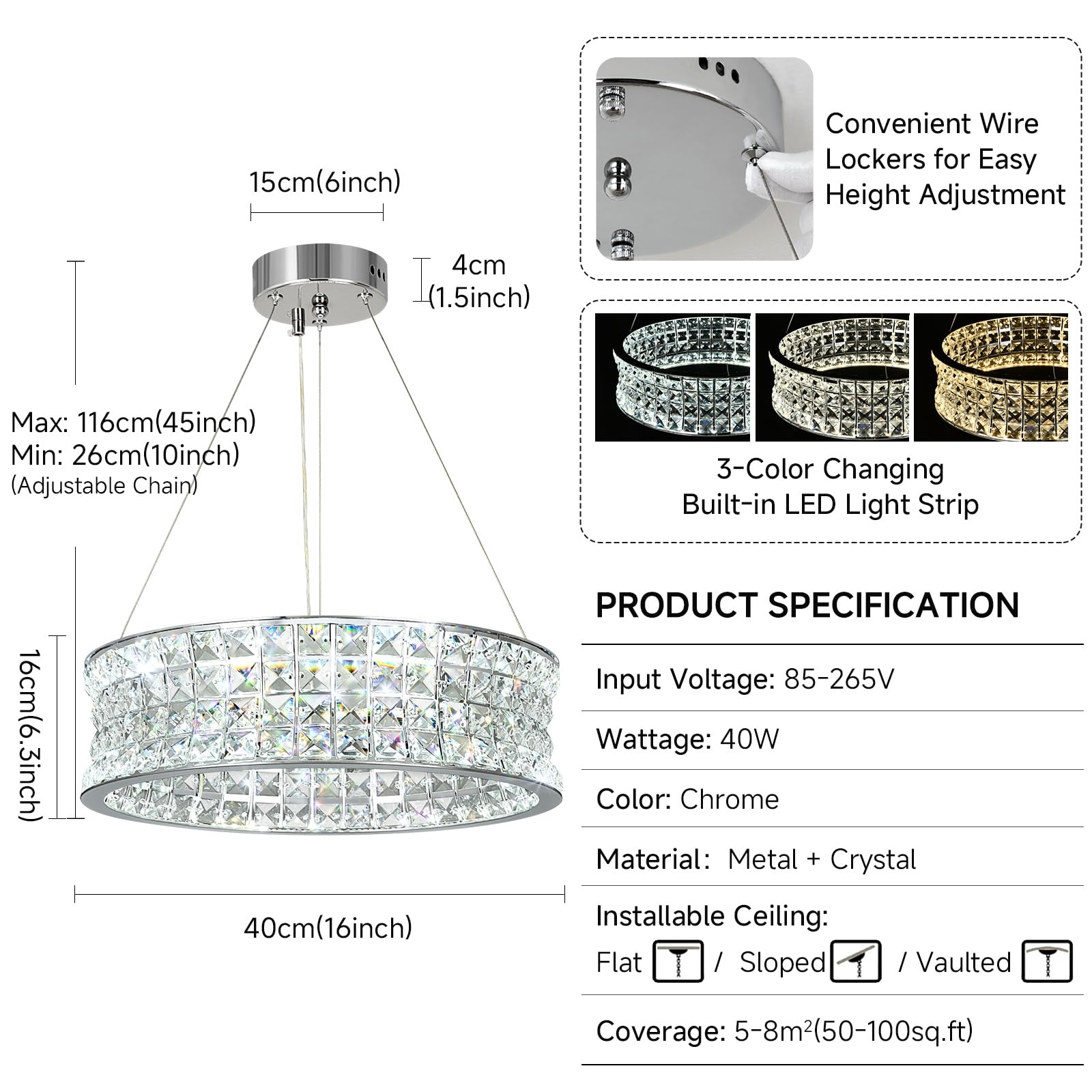 Moderna araña de cristal para el comedor, lámparas colgantes de LED cromo, lámpara colgante redonda de cristal para comedor, pasillo, balcón, isla de cocina, Φ40 cm