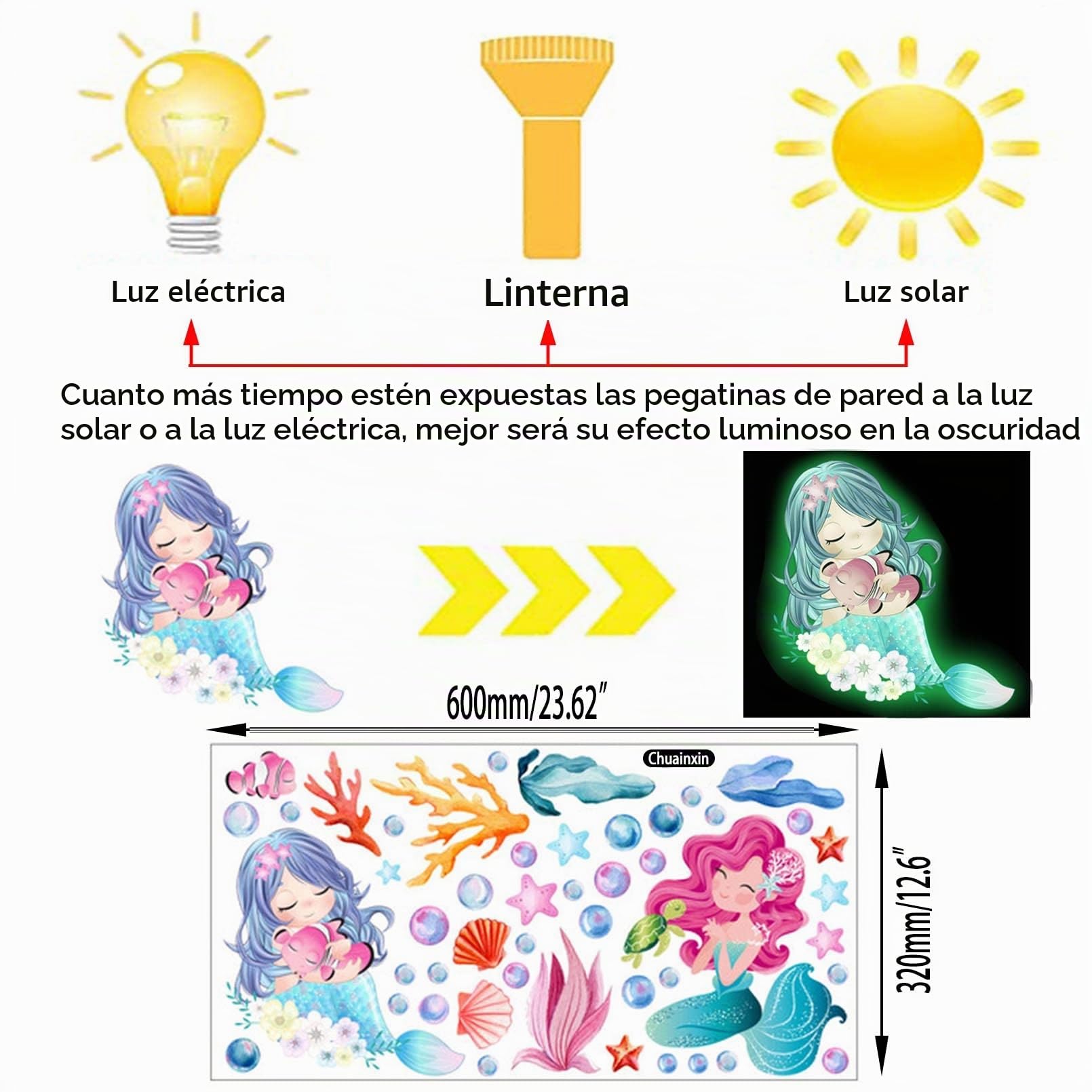 Pegatinas de Pared Sirena Niña Luminosas, Vinilo Decorativo de Luminosas, Wall Sticker Fluorescente, Mundo Submarino Adhesivos de Pared Decoración, para Guardería Bebés Dormitorio Habitación Infantile