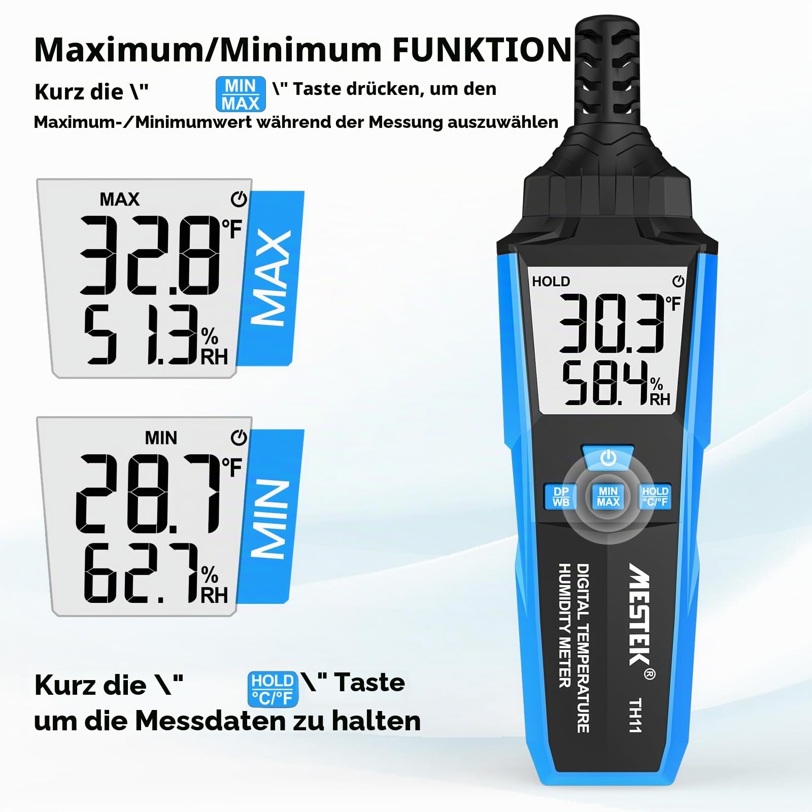 Hygrometer Thermometer MESTEK Digitales Thermo-Hygrometer innen außen, zur Messung von Umgebungstemperatur/Luftfeuchtigkeit, Taupunkttemp und Feuchtkugeltempr, für Gewächshaus, Meteorologie