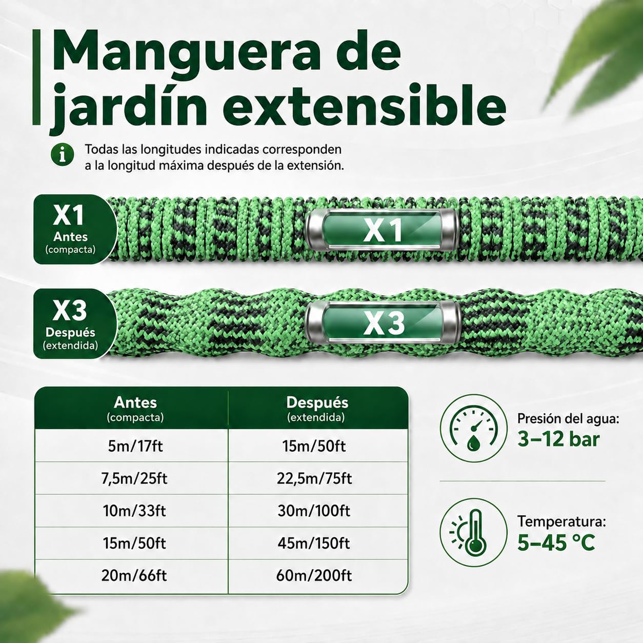 Manguera Extensible 22.5M, Manguera Jardín Retráctil 10 Modos, Manguera Agua TPE Reforzado 2500D, Conector Metal, para Jardín Mediano, Lavado Coche Terraza (7.5M a 22.5M)