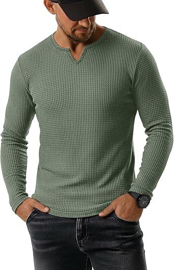 August Alley Mens Waffle V Neck Shirt Long Sleeve Thermal Pullover Top Casual Stretch Lightweight Undershirt