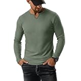 Men's Waffle V Neck Shirt Long Sleeve Thermal Pullover Top Casual Stretch Lightweight Undershirt