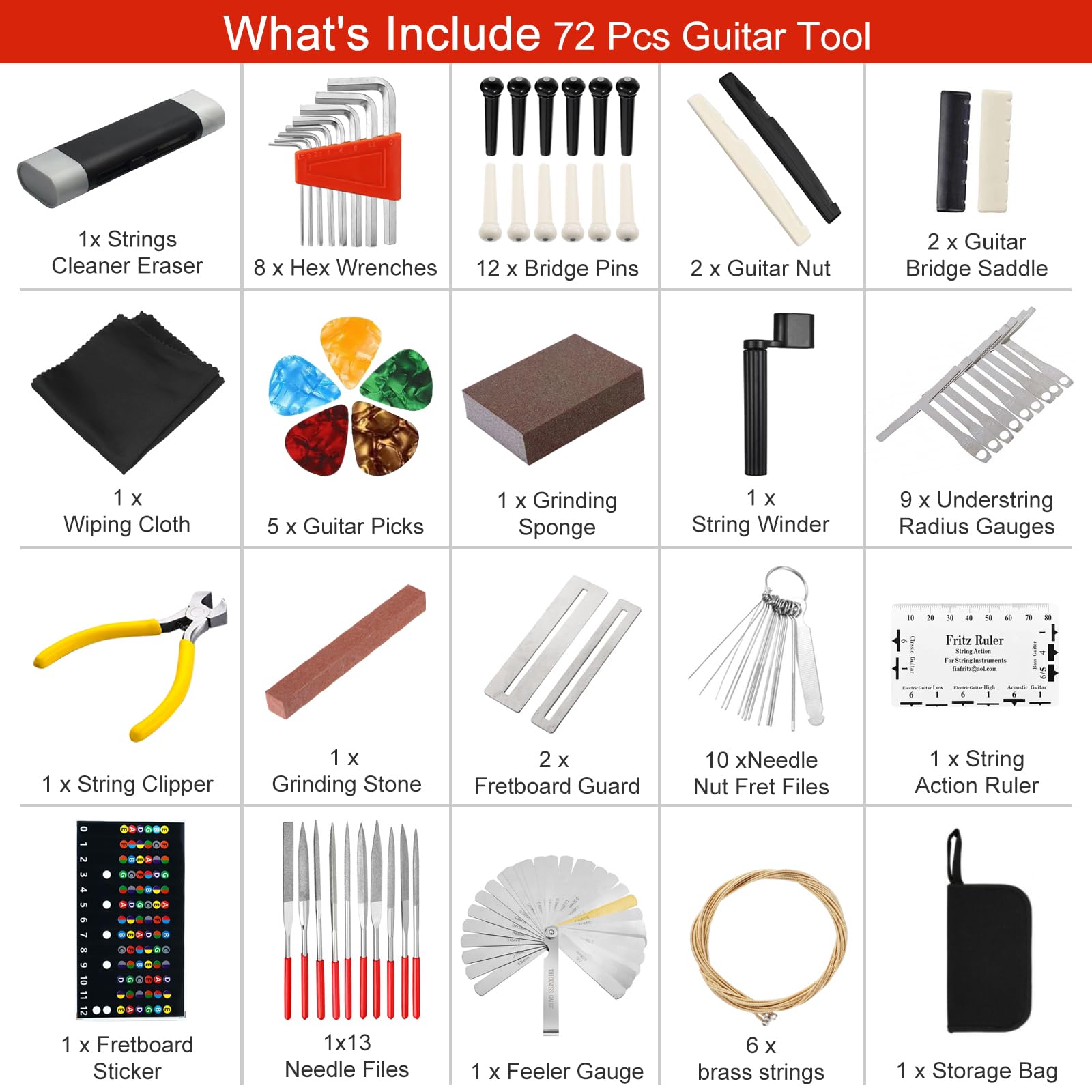 FOVERN1 72pcs Guitar Repairing Tool Kit, Including Wire Plier, String Organizer, Fingerboard Protector, Hex Wrenches, Files - Image 2