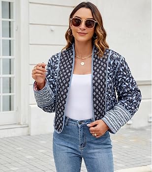 Yozazzy Women's Cropped Floral Quilted Jacket Lightweight Open
