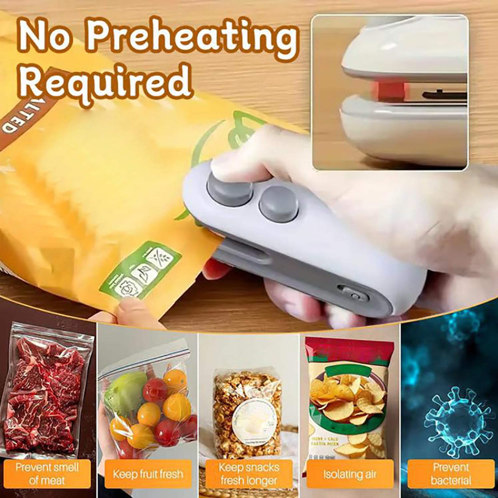Mini sellador de bolsas con cortador e imán, mini sellador de bolsas recargable, máquina de sellado térmico de plástico portátil a presión manual para aperitivos, patatas fritas, almacenamiento de