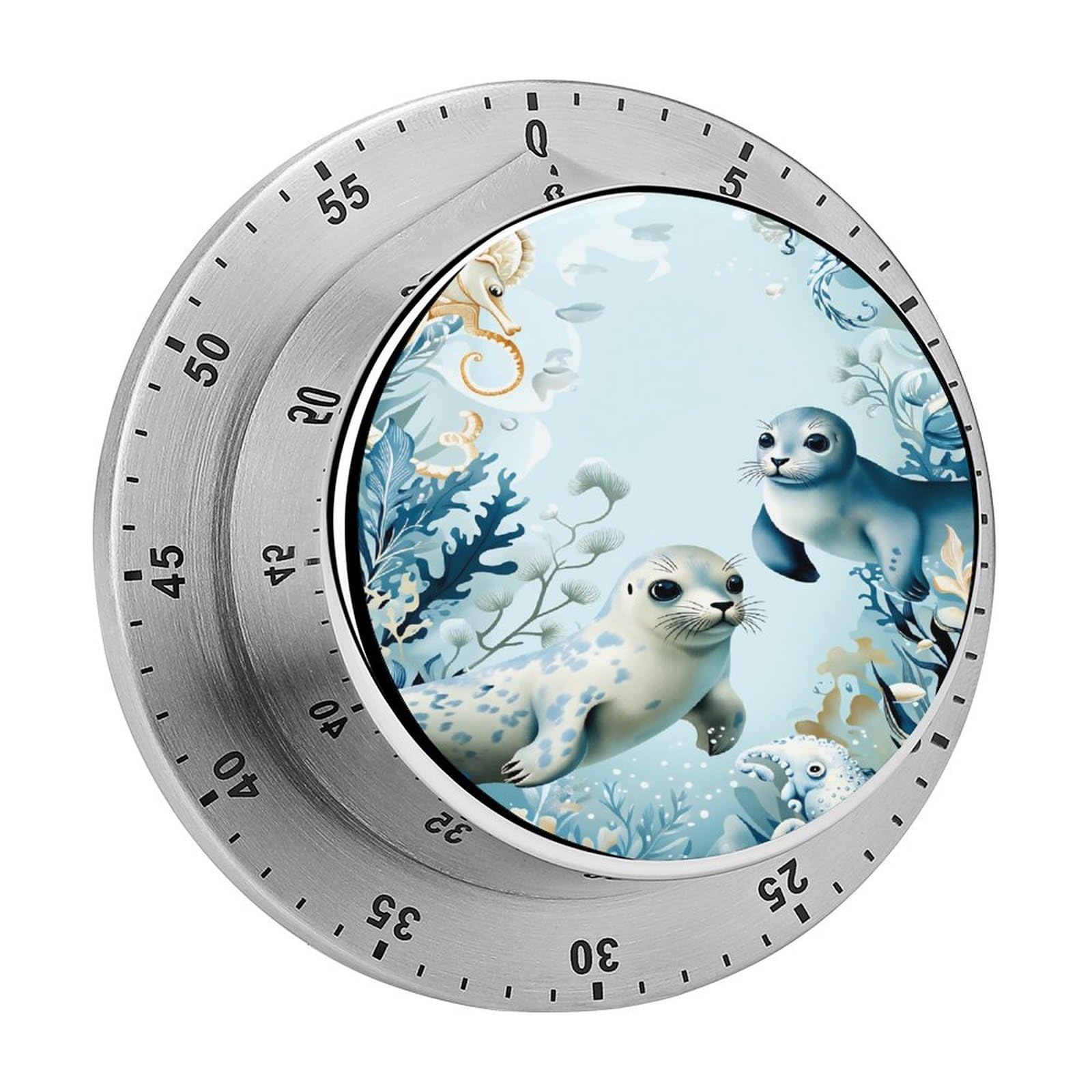 Seal Seahorse Underwater Ocean 60 Minute Wind Up Timer,Visual Mechanical Magnetic Timer with Loud Alarm for Kitchen