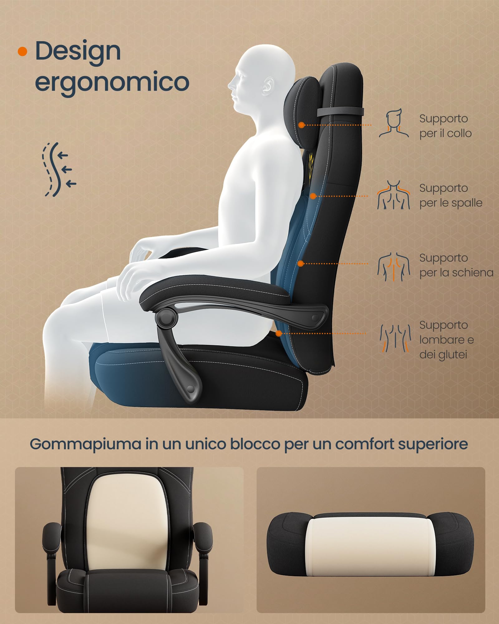 SONGMICS HOME Sedia da Gaming Ergonomica per Computer Con Poggiapiedi e Poggiatesta, Pelle Sintetica, Altezza Regolabile, Nero Inchiostro OBG072B01 | CATHY OBG072B01 - Sedia da ufficio girevole con poggiatesta, in poliuretano, regolabile in altezza, color