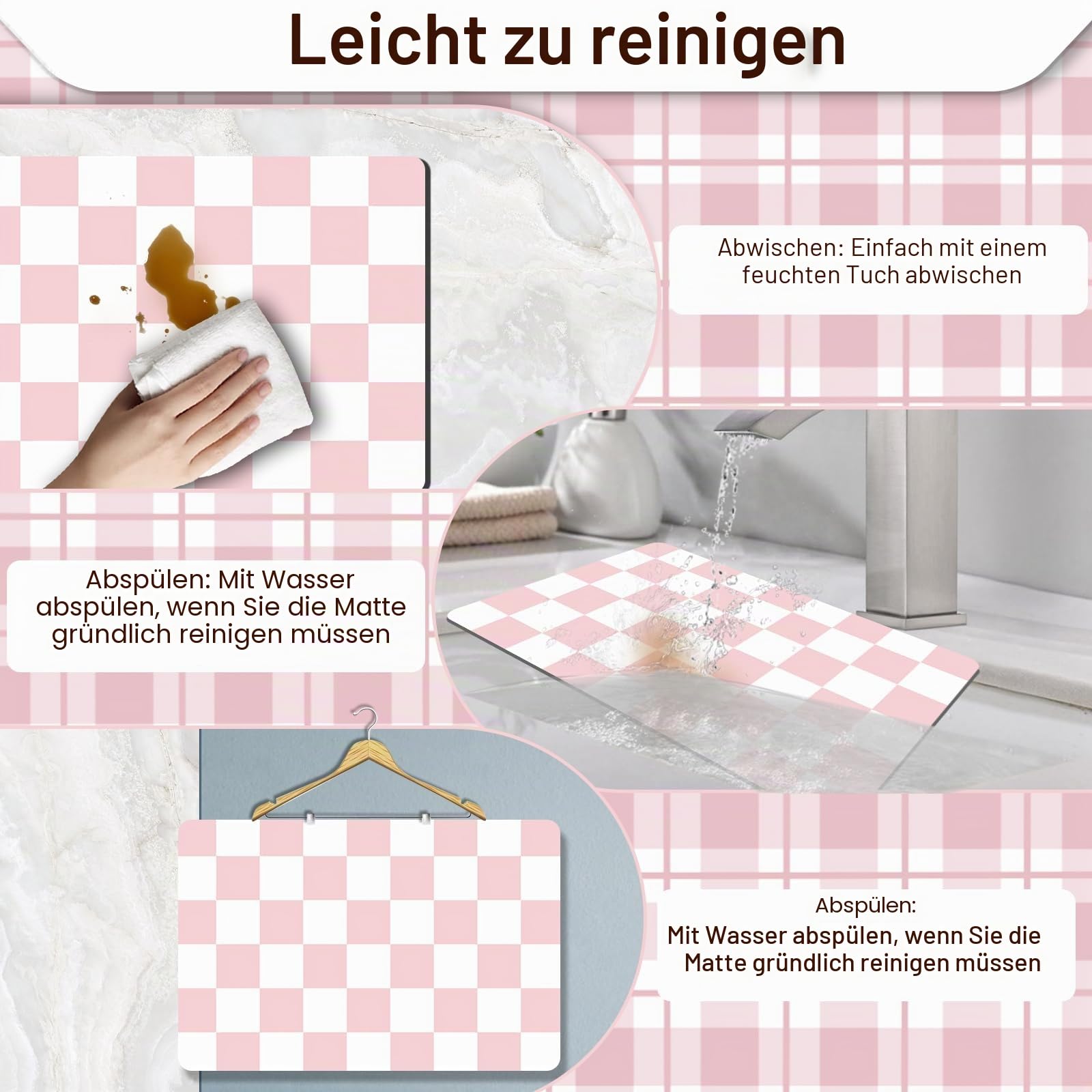 Trocknungsmatte für die Küche, 40 x 45CM Kaffee Bar Matten für Arbeitsplatte Fit Unter Kaffeemaschine, Verstecken Fleck Gummi Backed Espresso Maschine Saugfähige Trocknungsunterlage, Rosa & Weiß