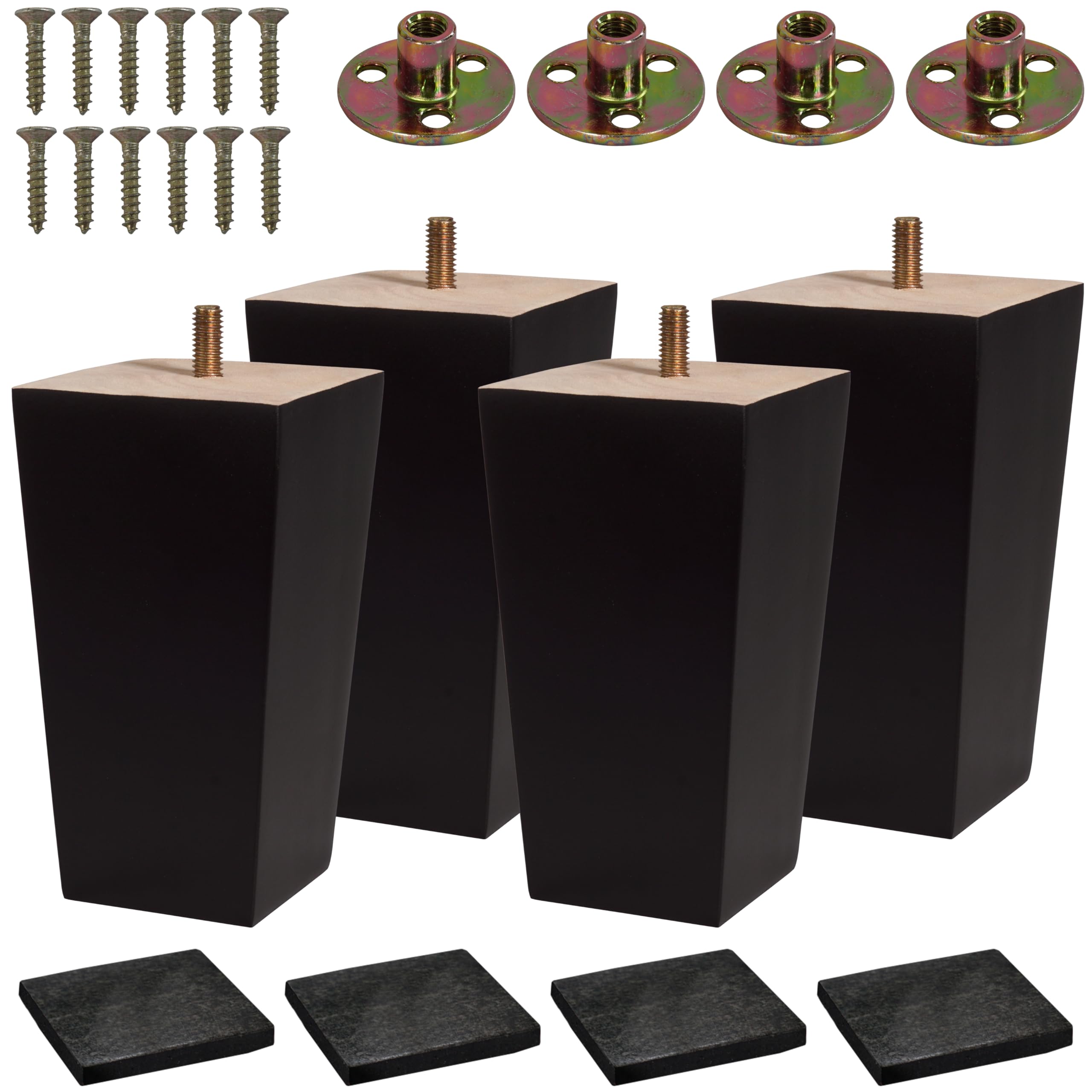 (5 Sizes: 3"- 4"- 5"- 6"- 8") Set of 4 Wood Furniture Legs - Square Sofa Legs, Couch Leg - Brown Mid-Century Modern Replacement Legs for Armchair Recliner Coffee Table Dresser (5")
